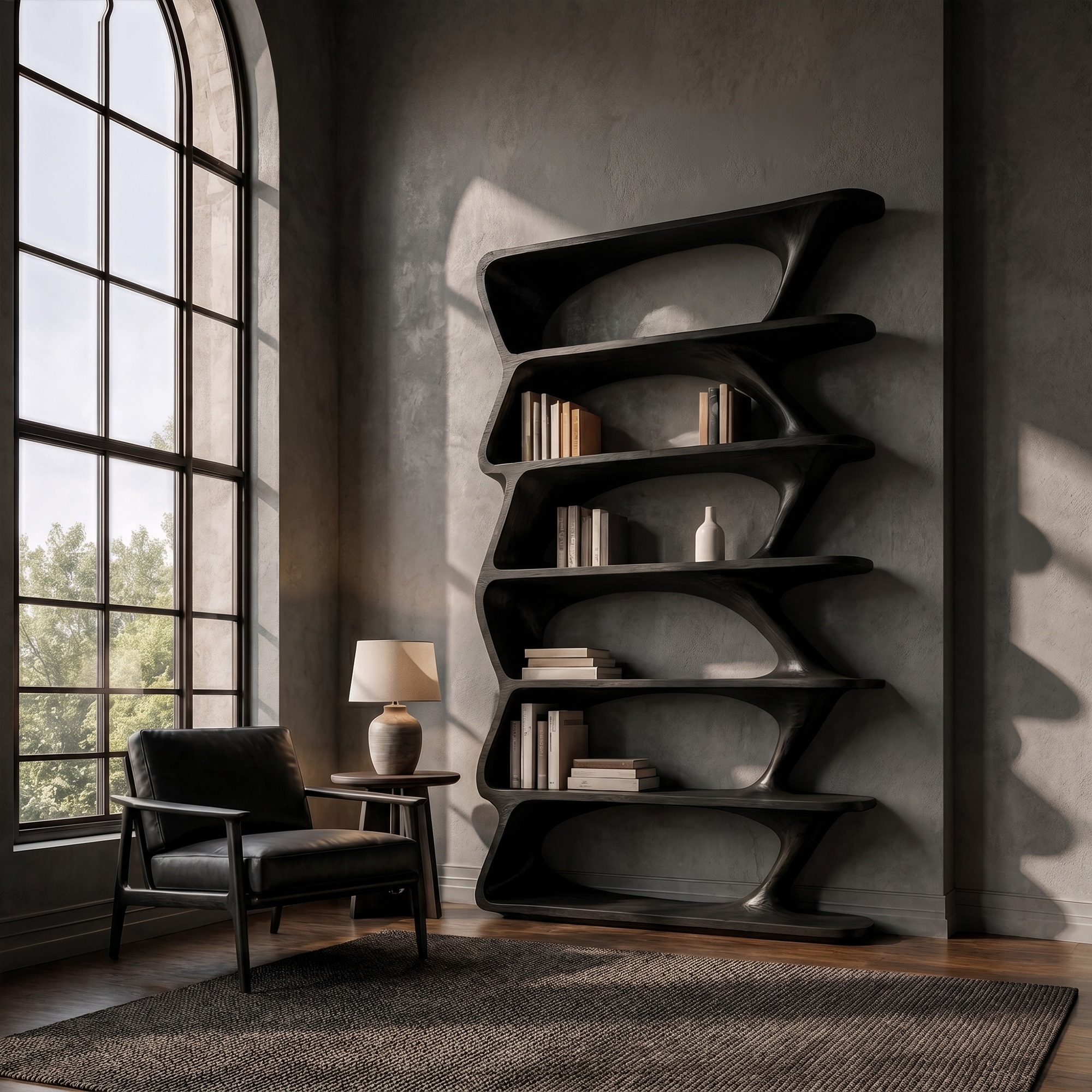 Modern Organic Bookshelf With Sculptural Asymmetrical Shelves And Solid Wood Frame For Living Room SINLKIBS038