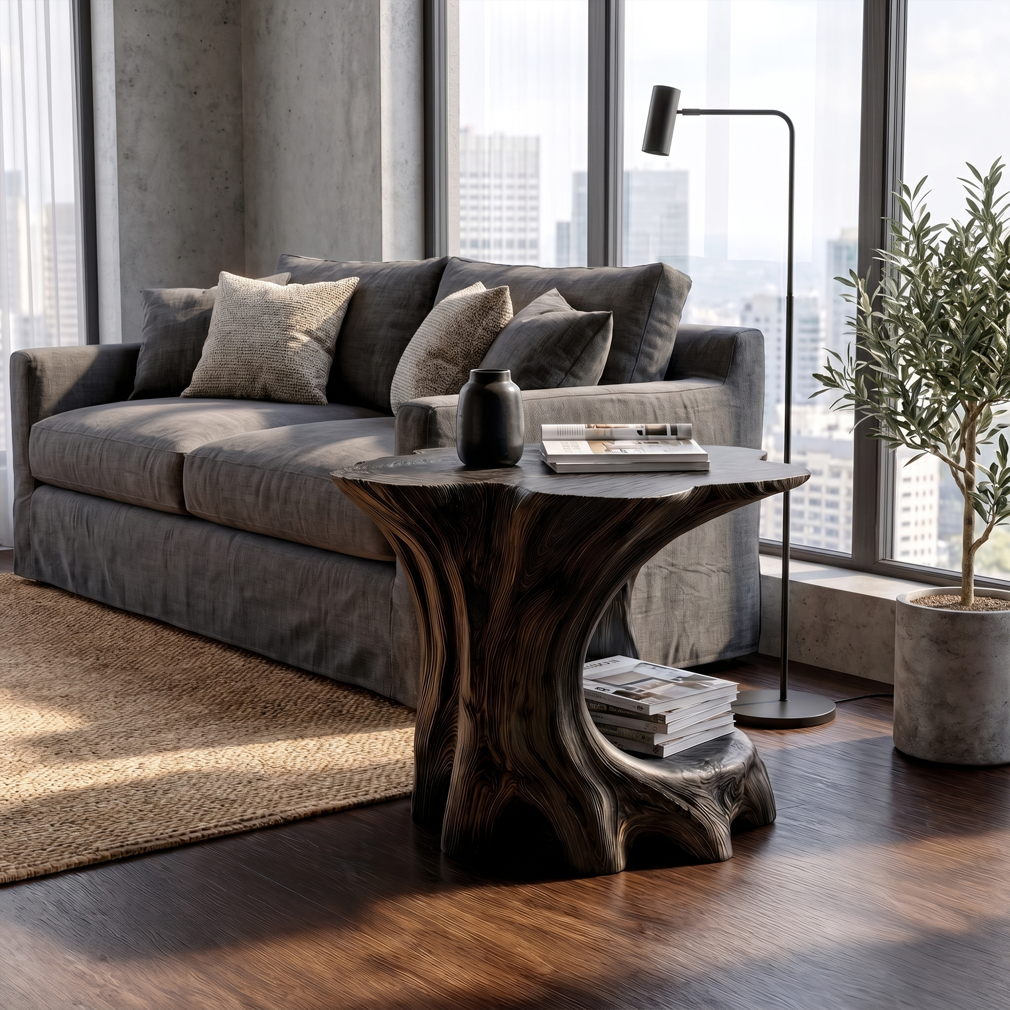 Rustic Beside Table With Solid Wood Base And Open Storage For Living Room SINLKIBT241