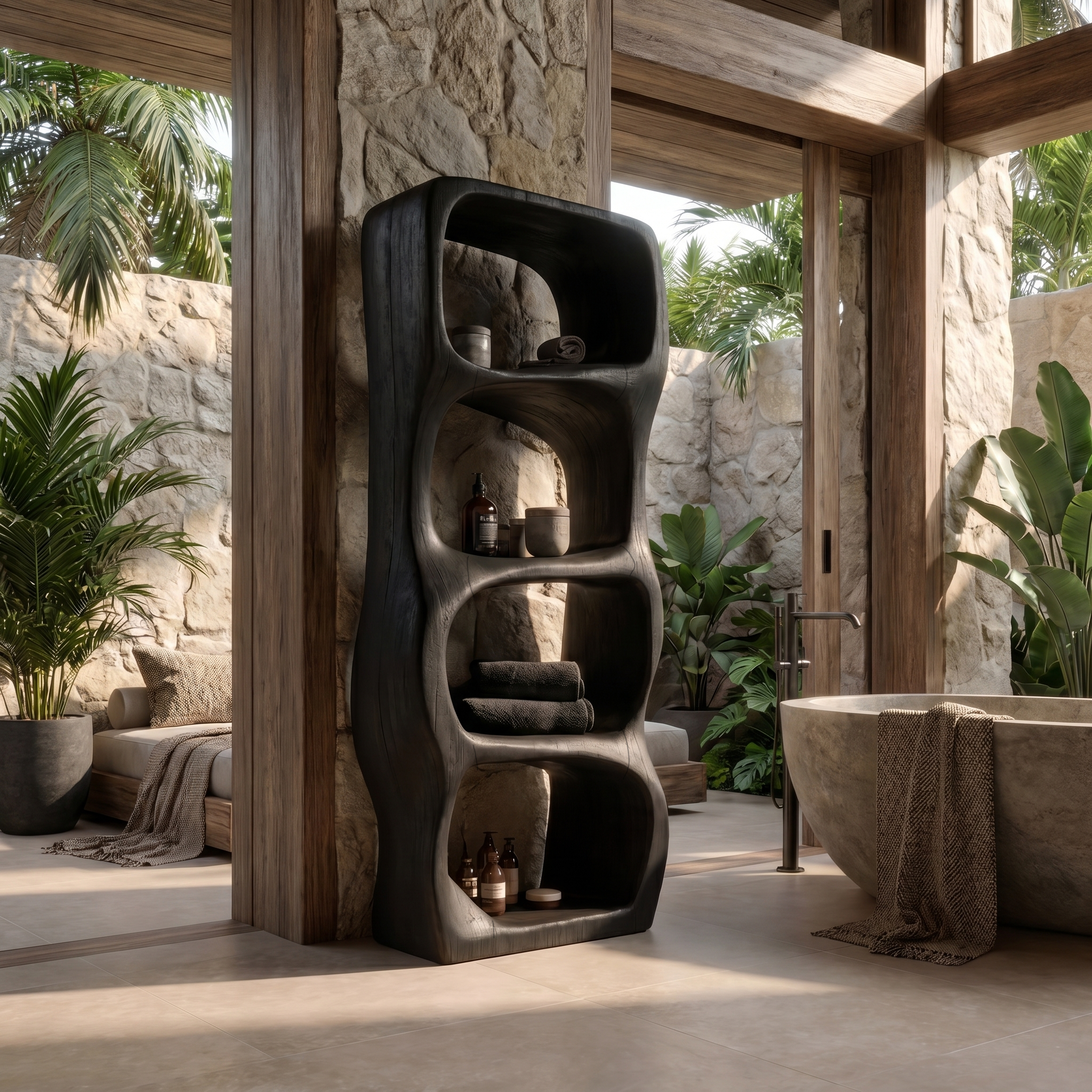 Modern Organic Bathroom Storage Cabinet With Rounded Sculptural Shelves And Open Storage For Bathroom SINLSABCT028