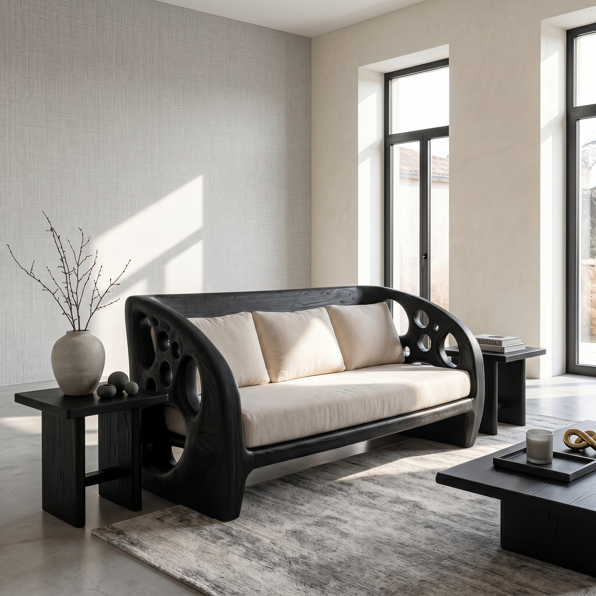 Modern Organic Sofa With Sculptural Perforated Wood Frame SINLSASF035