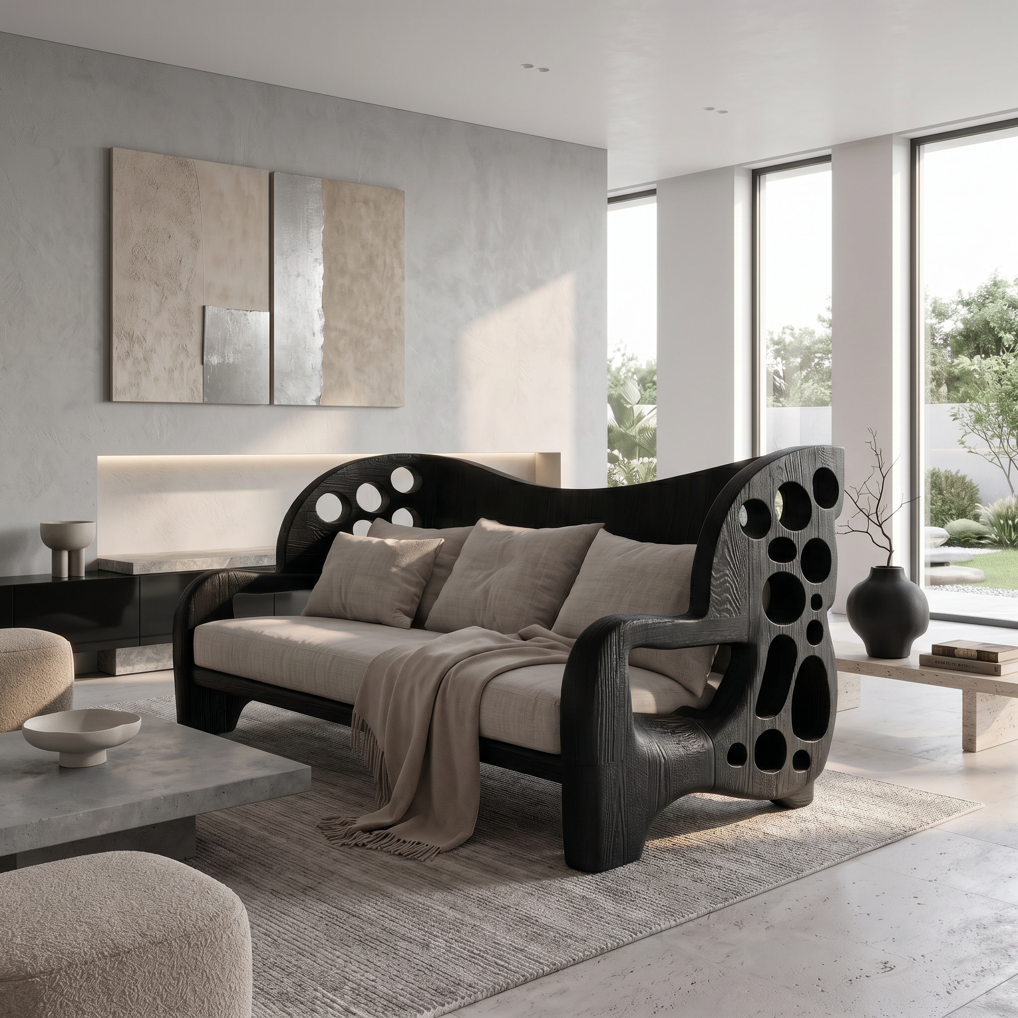 Organic Sofa Frame With Sculptural Openwork Armrests For Living Room SINLSASF037
