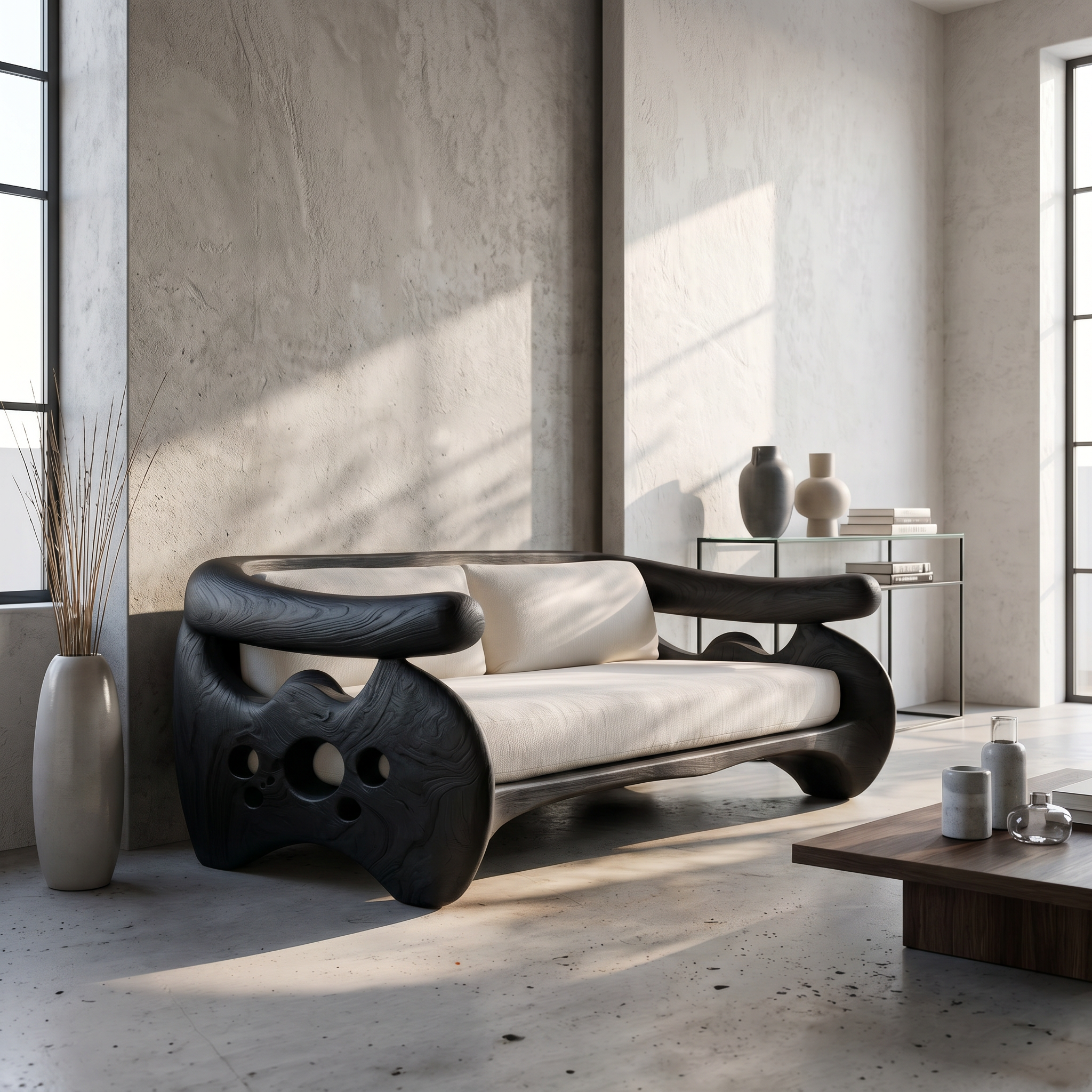 Organic Curved Sofa With Sculptural Wooden Base For Living Room SINLSASF038