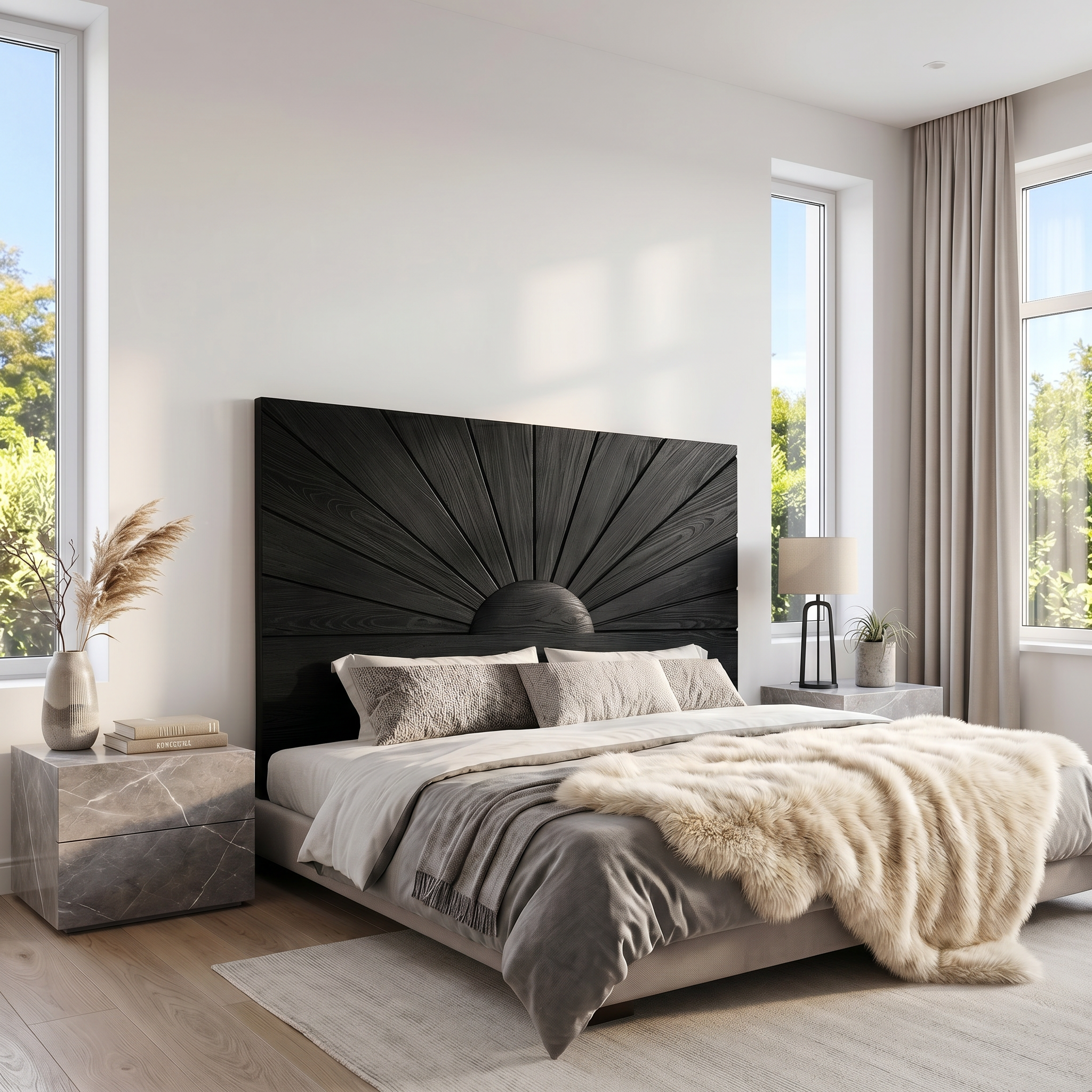 Organic Sunburst Headboard Solid Wood Bed Headboard For Bedroom SINLSAHB036