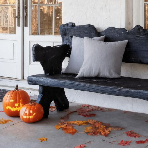Rustic Carved Wooden Bench Black Seat For Outdoor Or Entryway SITHTTHW003