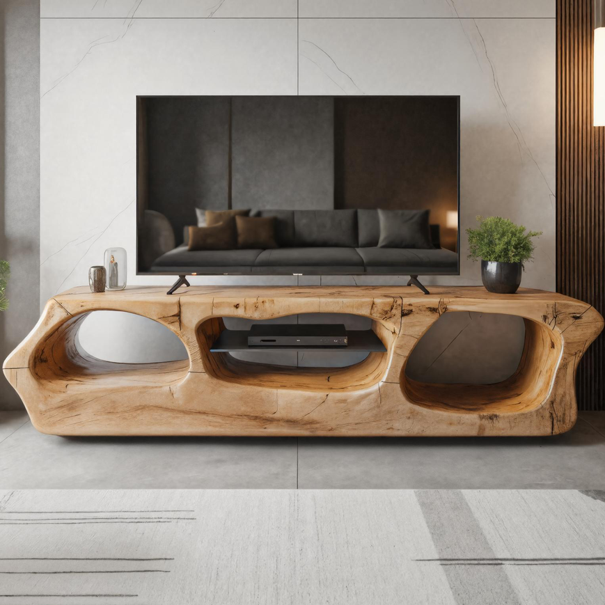 Modern Sculpted Solid Wood TV Stand With Organic Openings For Living Room SITHTTTVC015