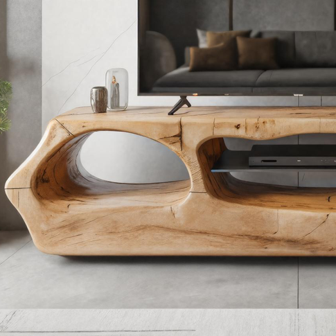 Modern Sculpted Solid Wood TV Stand With Organic Openings For Living Room SITHTTTVC015