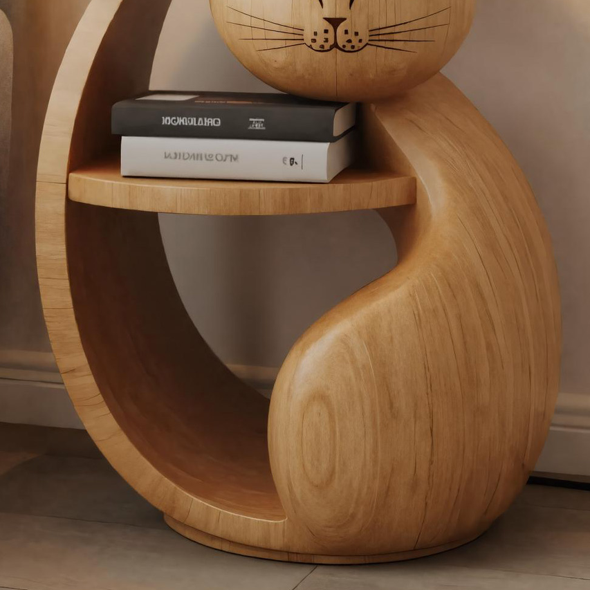 Whimsical Cat Shaped Wooden Side Table With Shelf For Bedroom Or Kids Room SITHHNSTA003