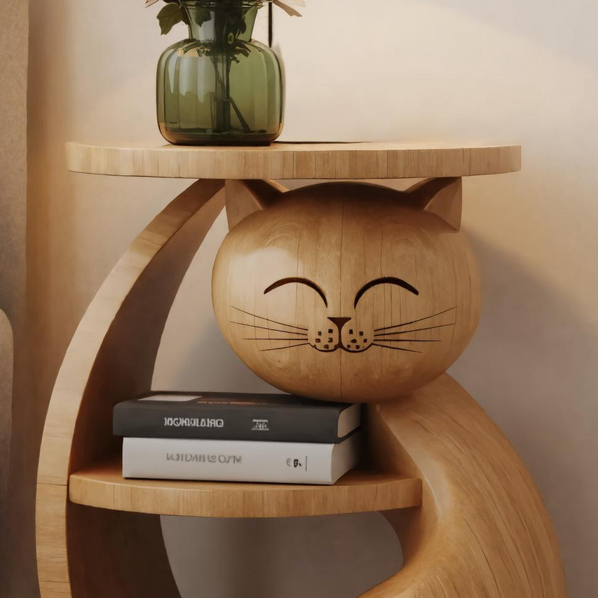 Whimsical Cat Shaped Wooden Side Table With Shelf For Bedroom Or Kids Room SITHHNSTA003