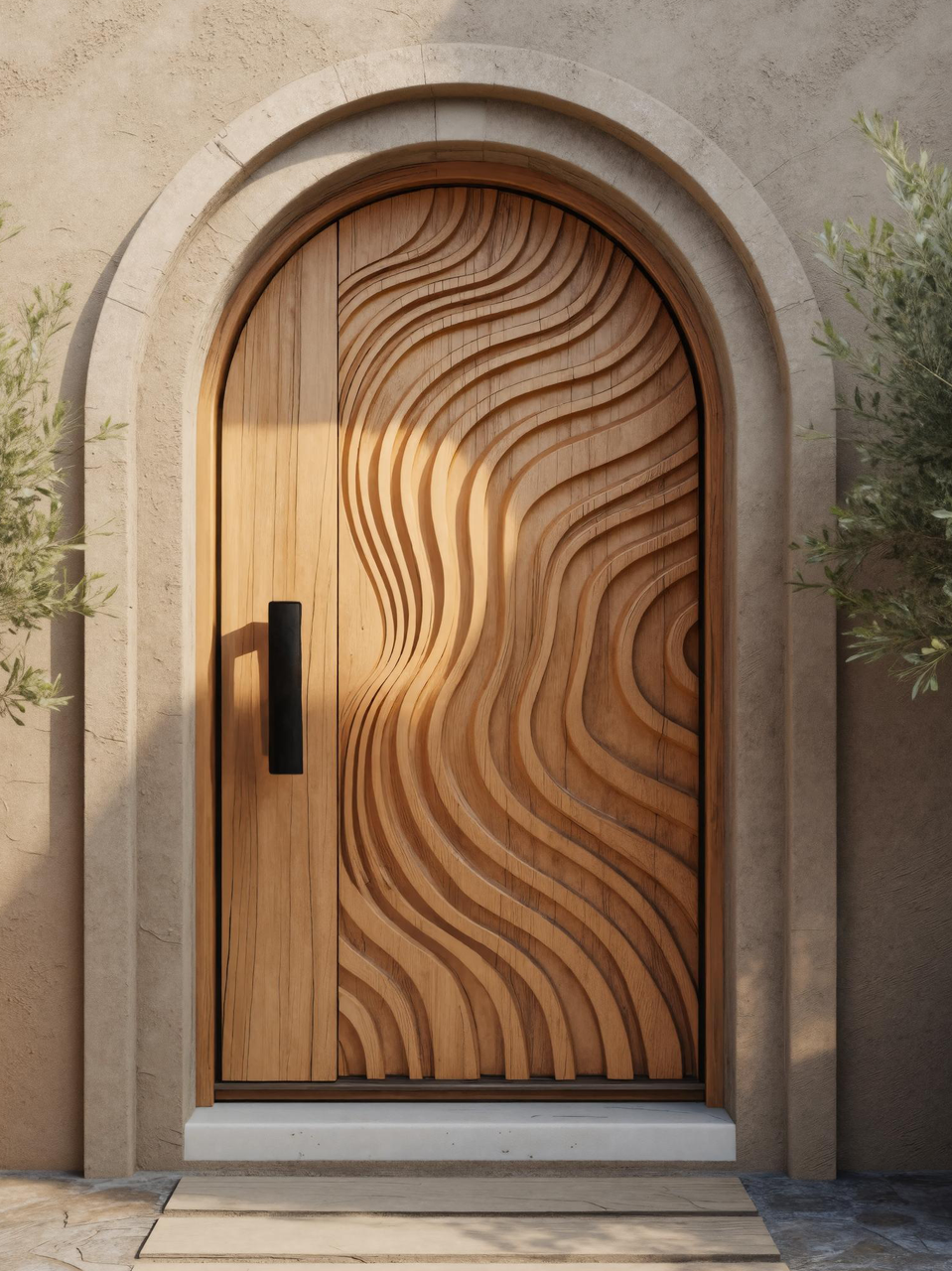 Modern Carved Arched Front Door With Wave Pattern For Contemporary Home Or Entryway SITHTTDOR022