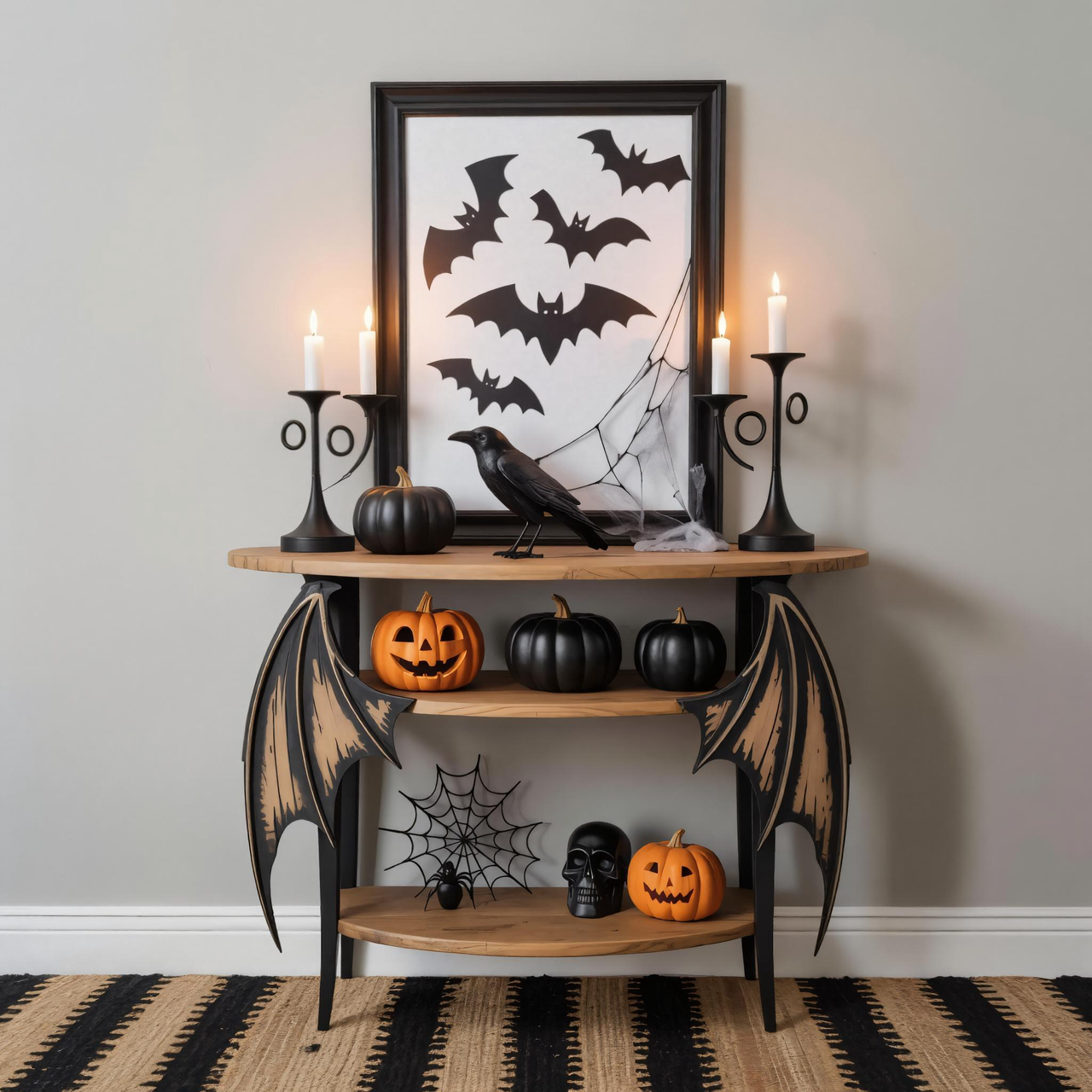 Halloween Wooden Console Table With Bat Wing Legs And Shelves For Entryway Decoration SITHHNHW002