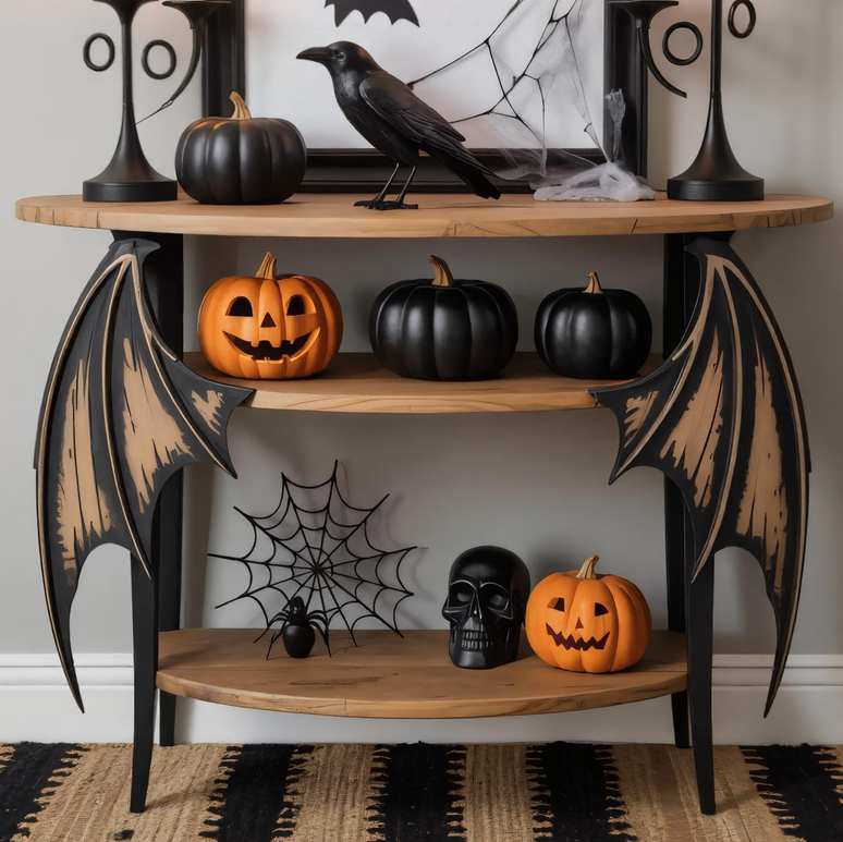 Halloween Wooden Console Table With Bat Wing Legs And Shelves For Entryway Decoration SITHHNHW002