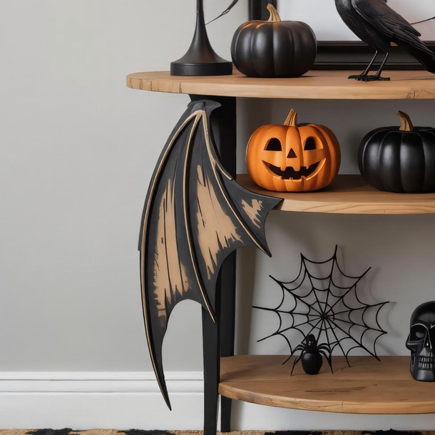 Halloween Wooden Console Table With Bat Wing Legs And Shelves For Entryway Decoration SITHHNHW002