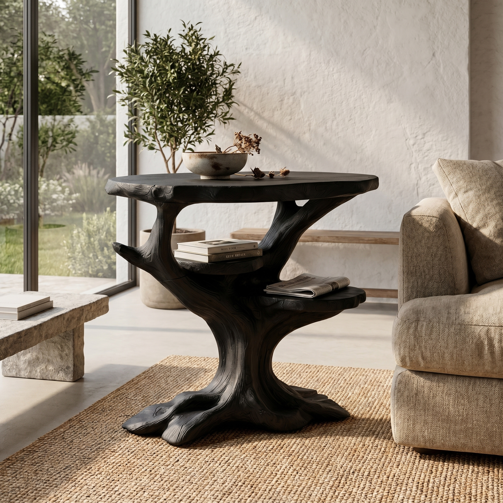 Organic Sculptural Side Table With Solid Wood Display Shelves For Living Room And Bedroom SINLHABT257