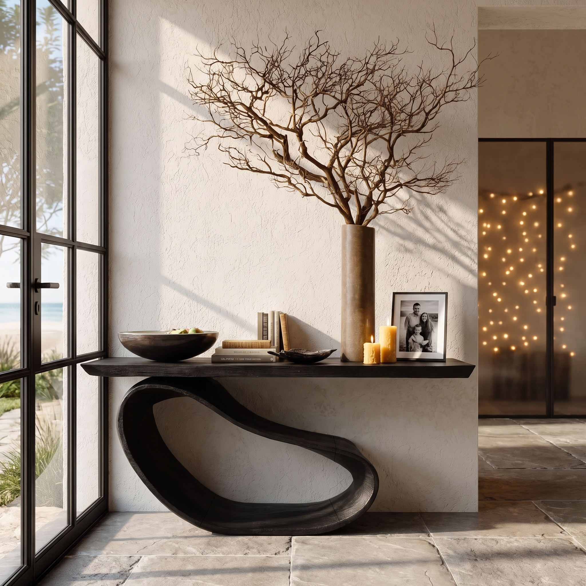 Minimalist Console Table With Sculptural Wood Base For Entryway SINLHACS669