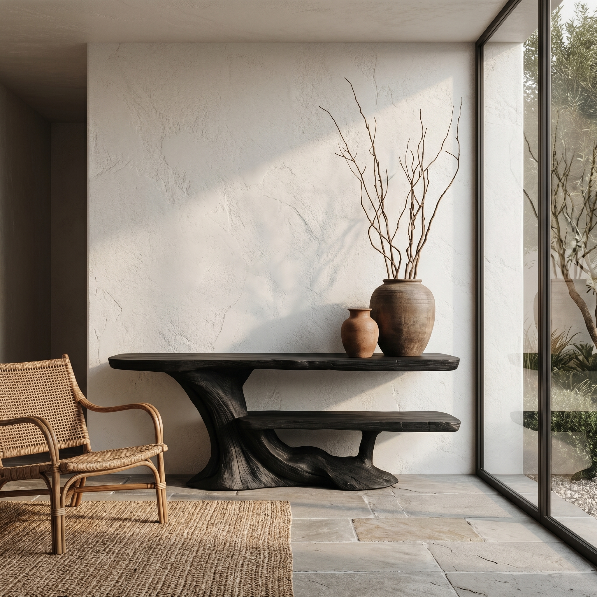 Rustic Console Table With Handcrafted Tree Root Base And Tiered Shelves For Entryway SINLHACS627