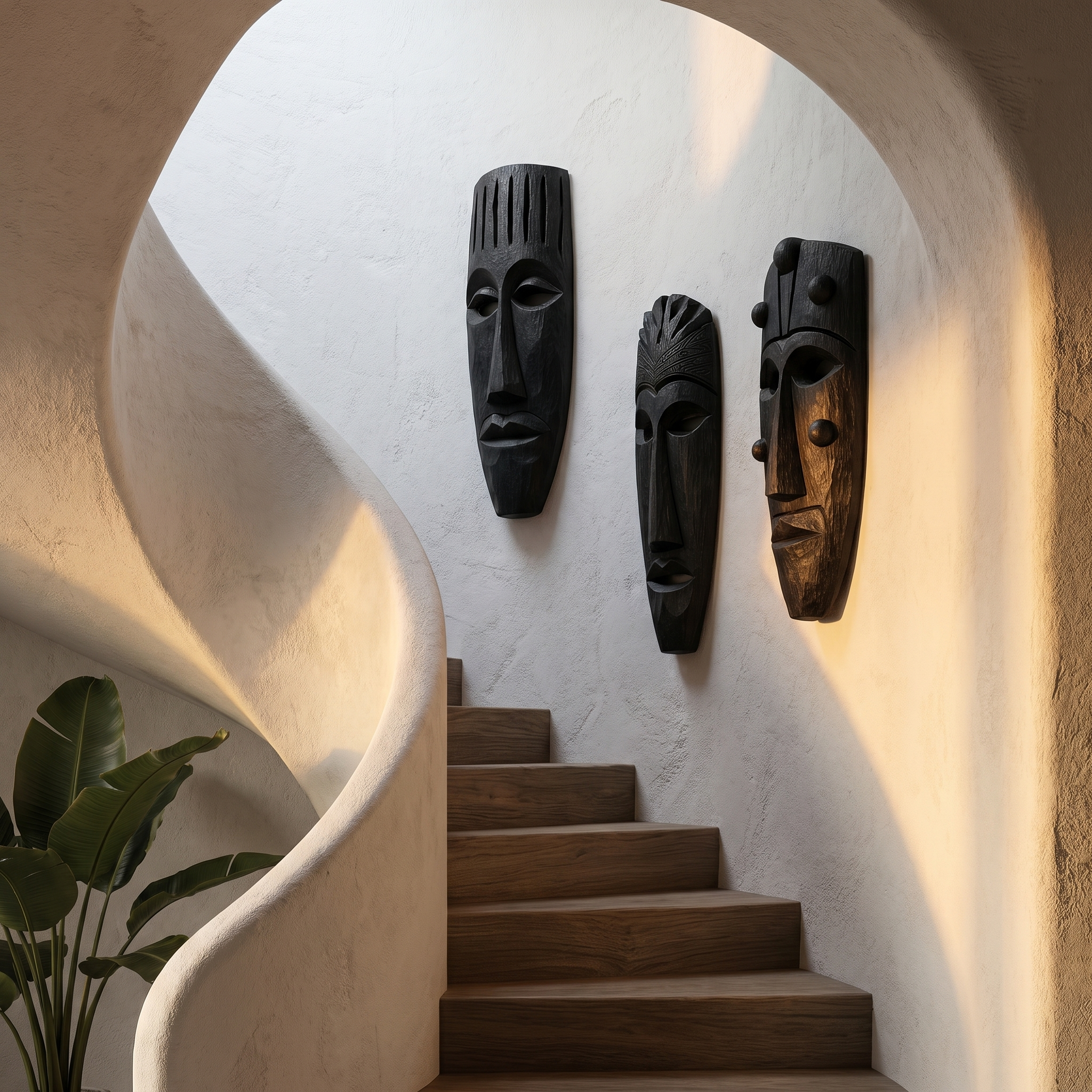 Hand Carved Wooden Wall Art Set With Tribal Mask Design For Living Room And Entryway SINLHAWD101