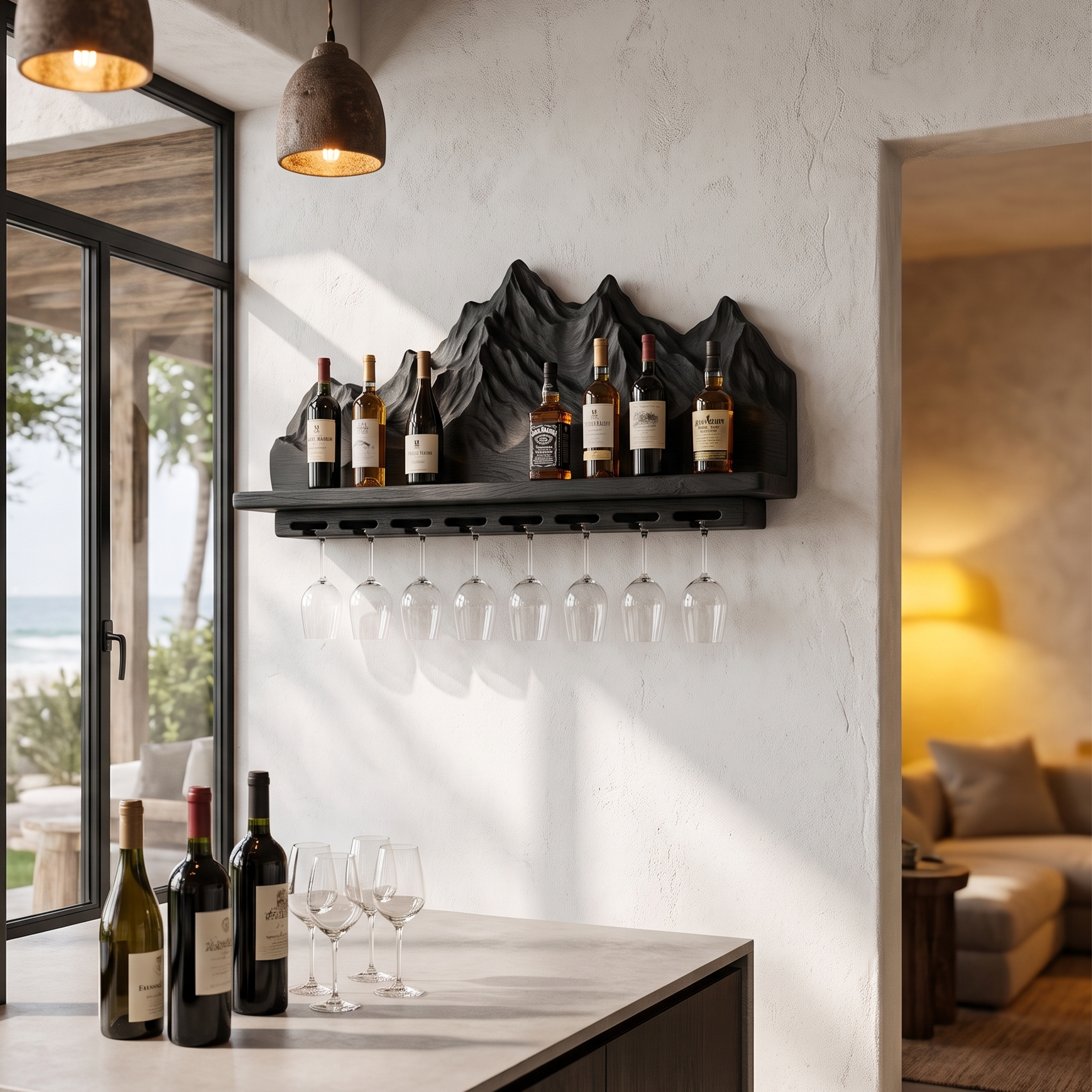 Nature Inspired Wall Wine Holder With Mountain Shelf For Home Bar SINLHAWH045