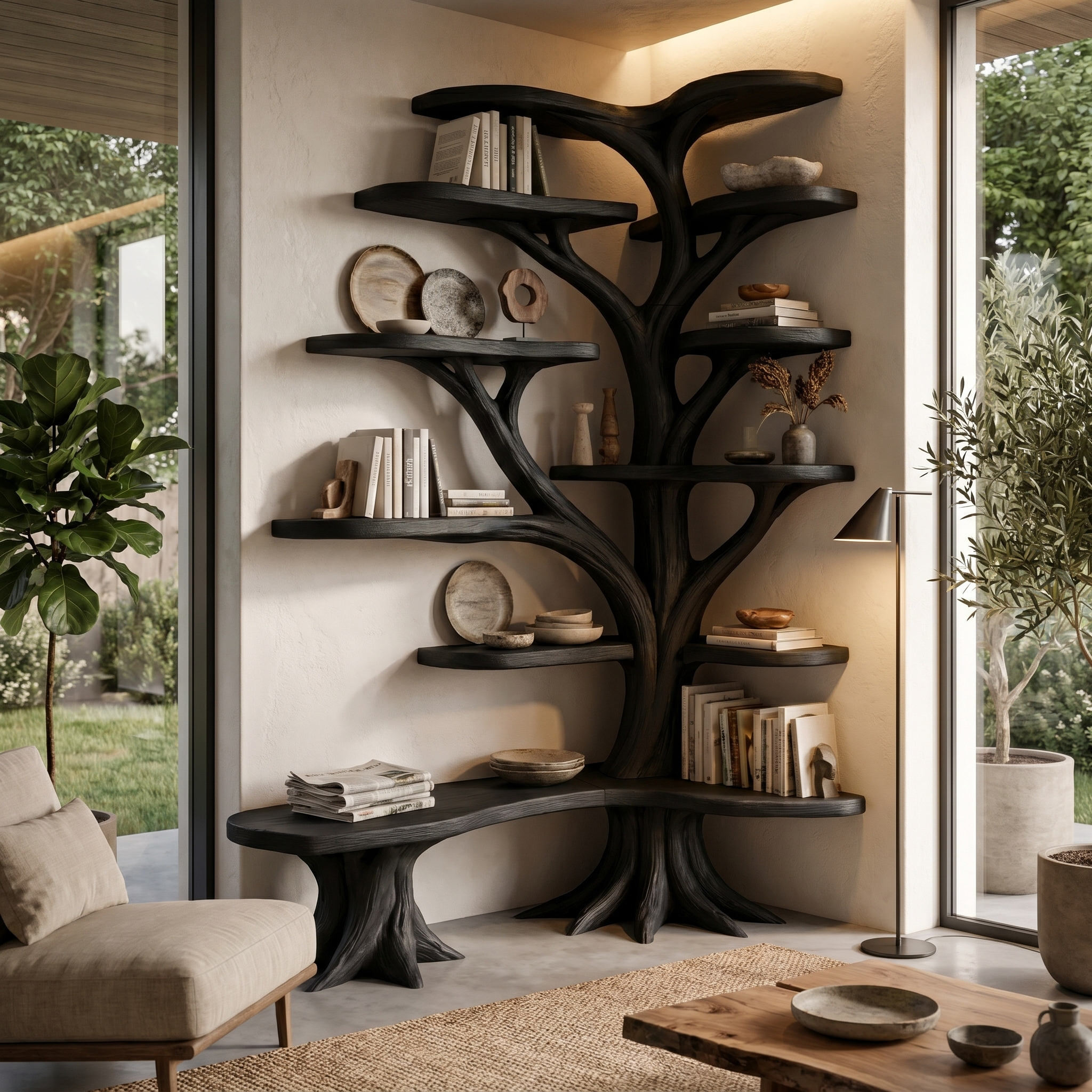 Organic Tree Bookshelf With Sculptural Branch Design And Multi Tier Display Shelves For Living Room SINLHATB751