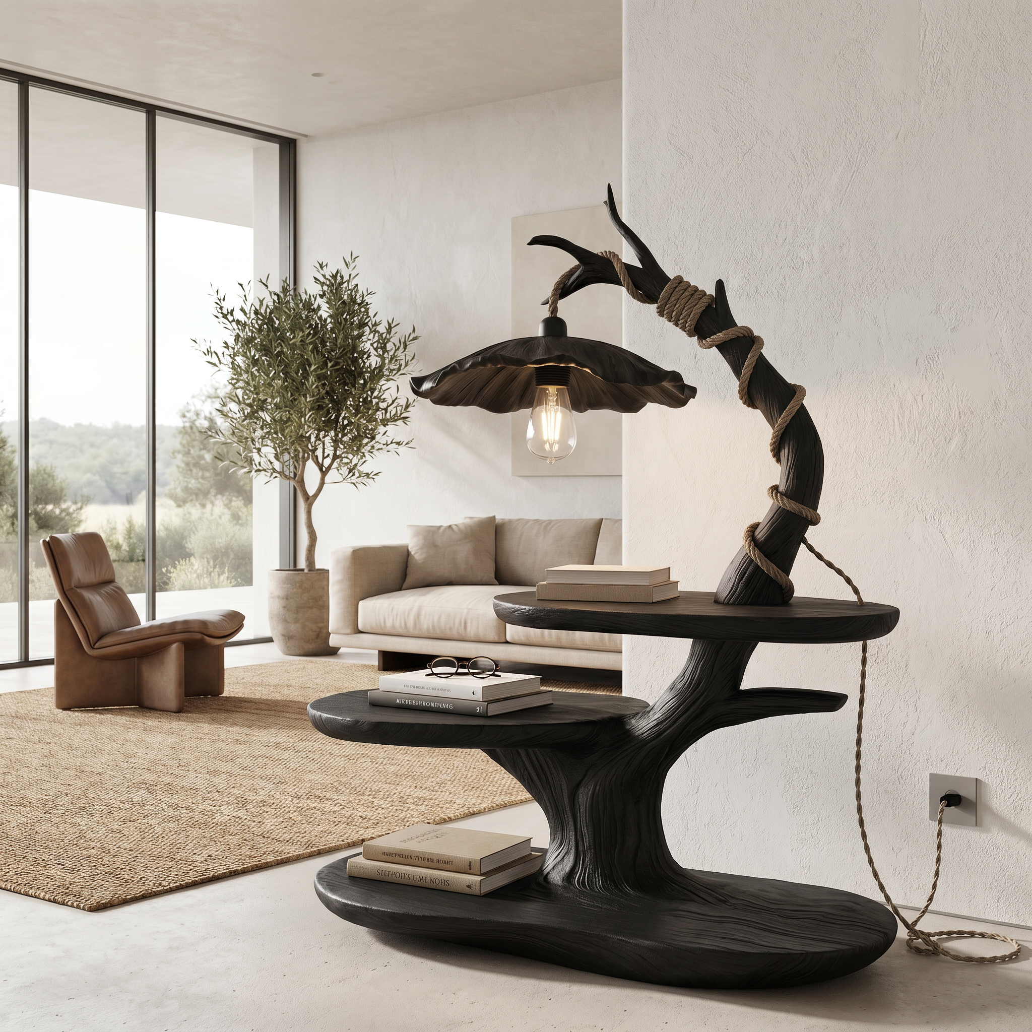 Sculptural Beside Table With Tree Branch Lamp And Open Storage Shelves For Bedroom SINLHABT265