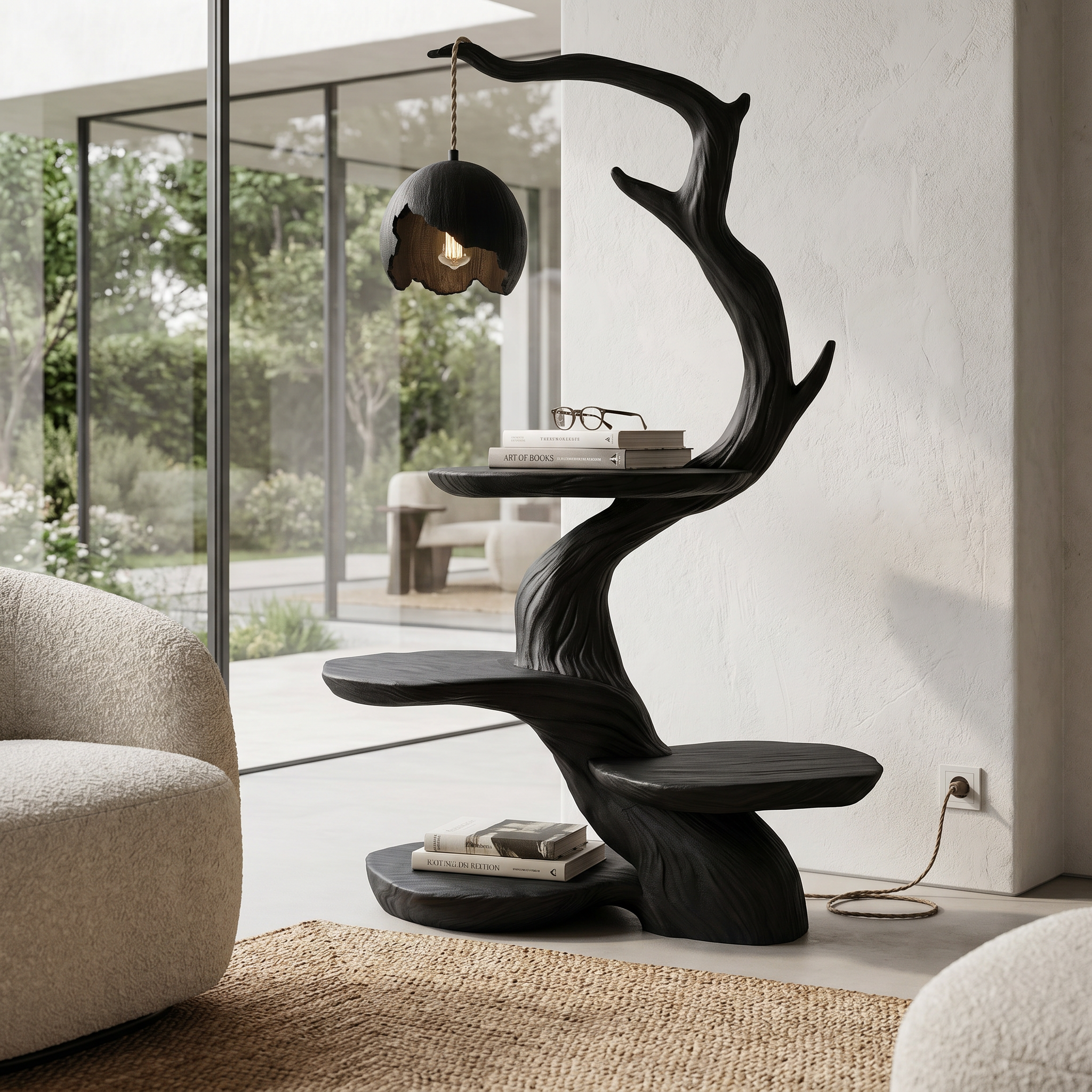 Nature Inspired Beside Table With Sculptural Tree Form And Ambient Lamp For Bedroom SINLHABT266