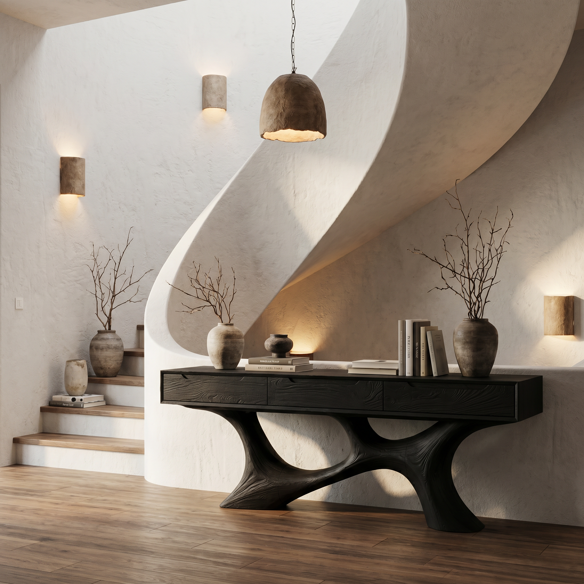 Modern Console Table With Built In Storage Cabinet And Sculptural Curved Wood Base For Entryway And Living Room SINLHACS591