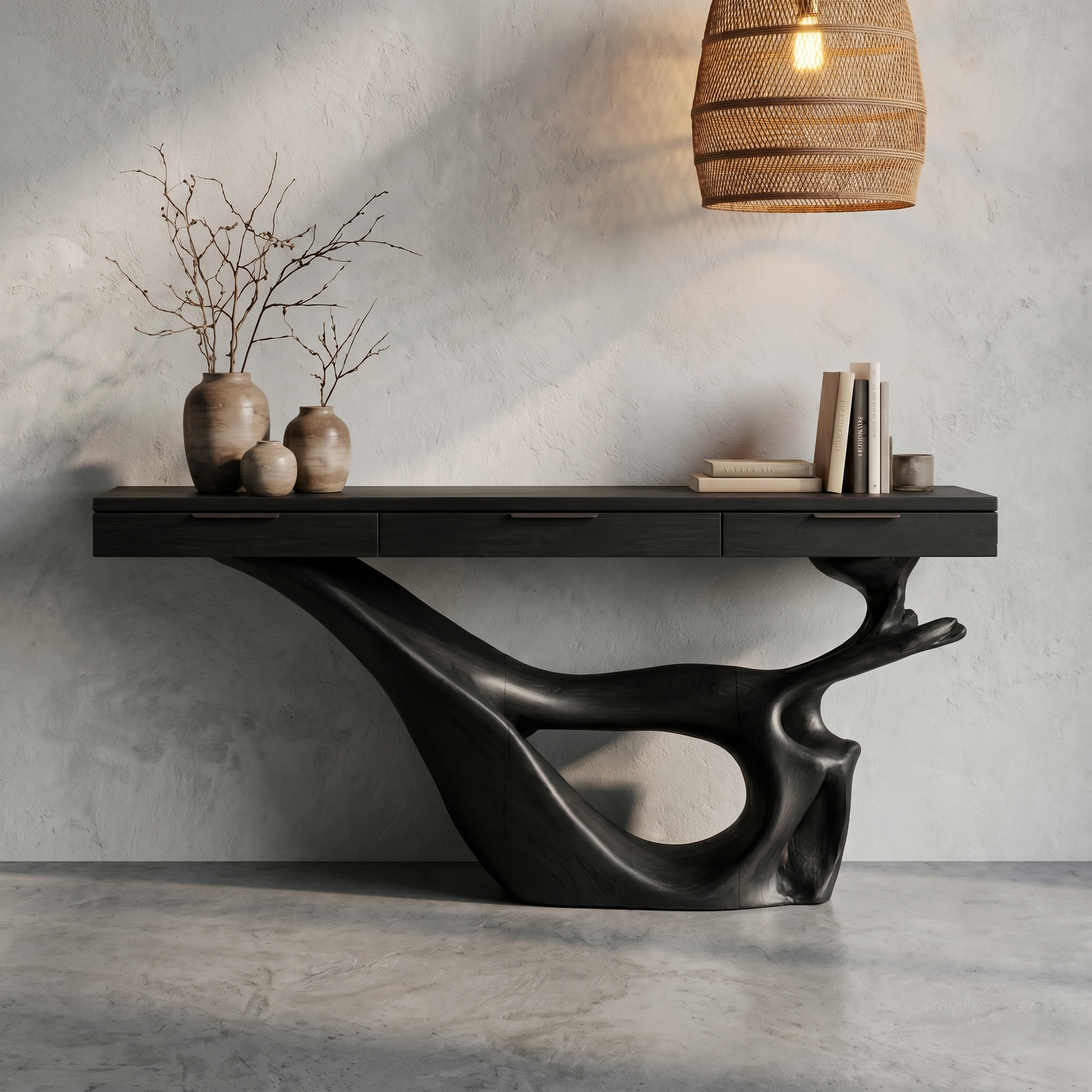 Minimal Console Table With Sculptural Curved Loop Wood Base And Solid Wood Top For Entryway And Living Room SINLHACS592