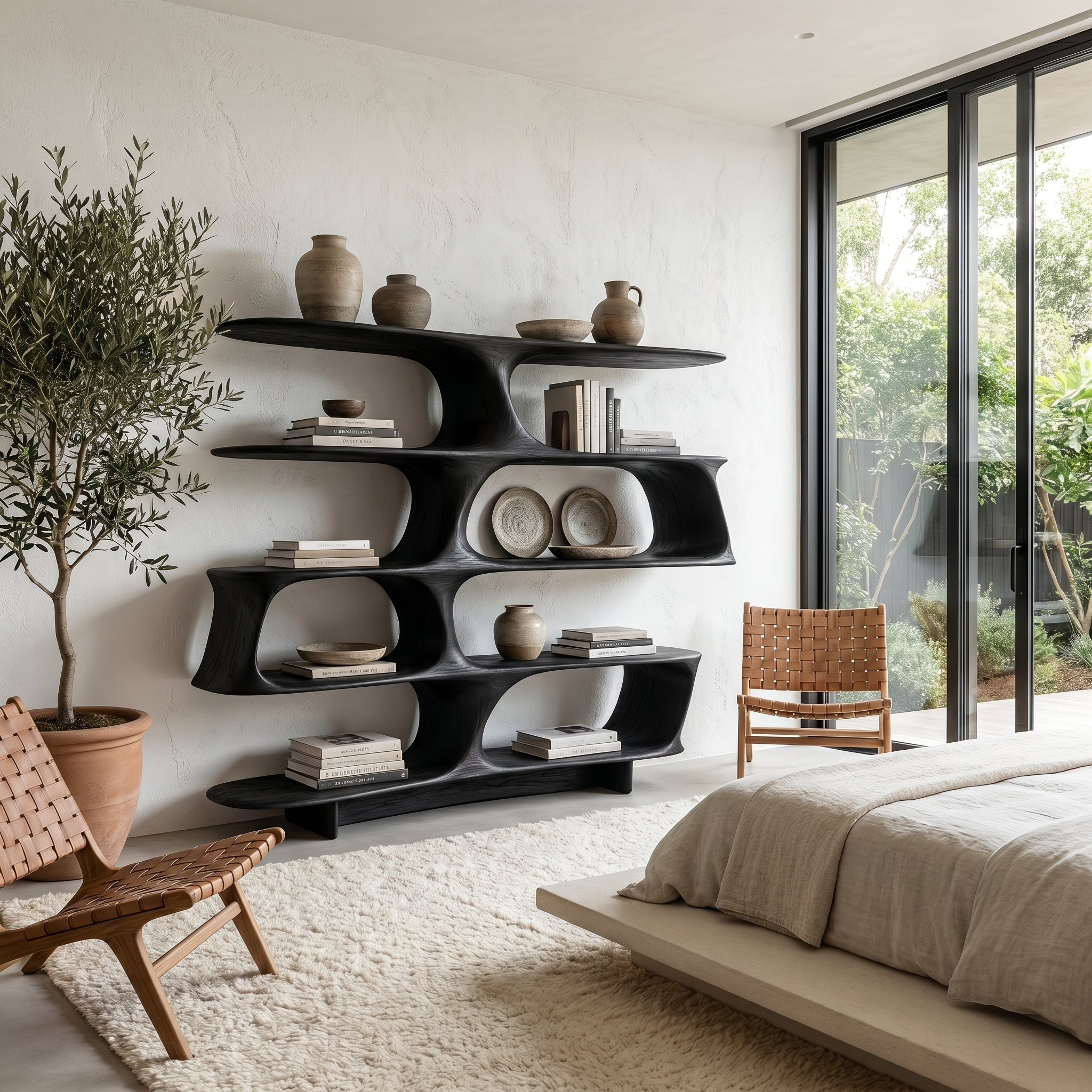 Organic Tree Bookshelf With Sculptural Curved Shelves And Open Display Storage For Living Room SINLHABS039