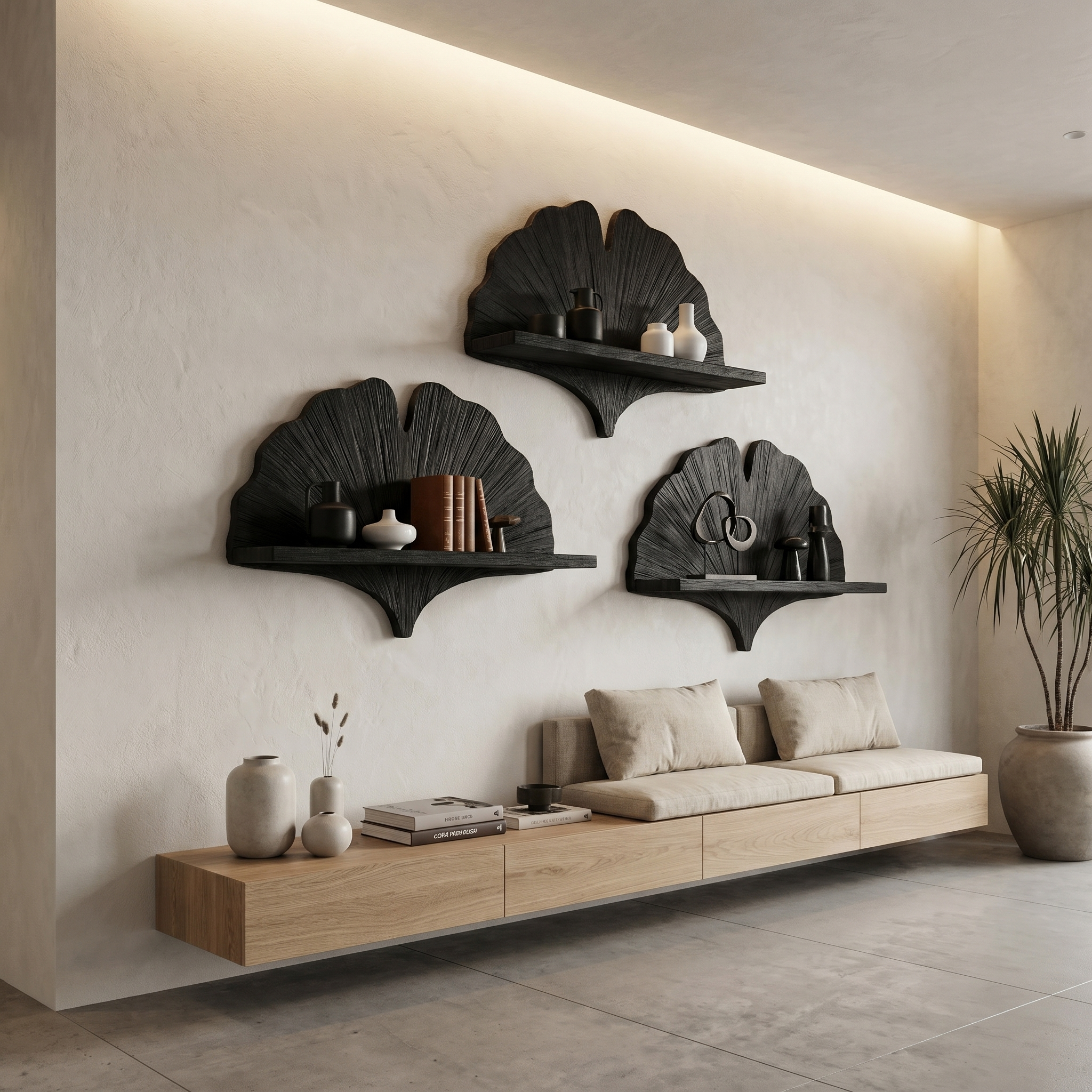 Fan Shape Wall Shelf Wooden Floating Shelf Wall Mounted Shelf For Living Room And Bedroom Decor SINLHAFL531