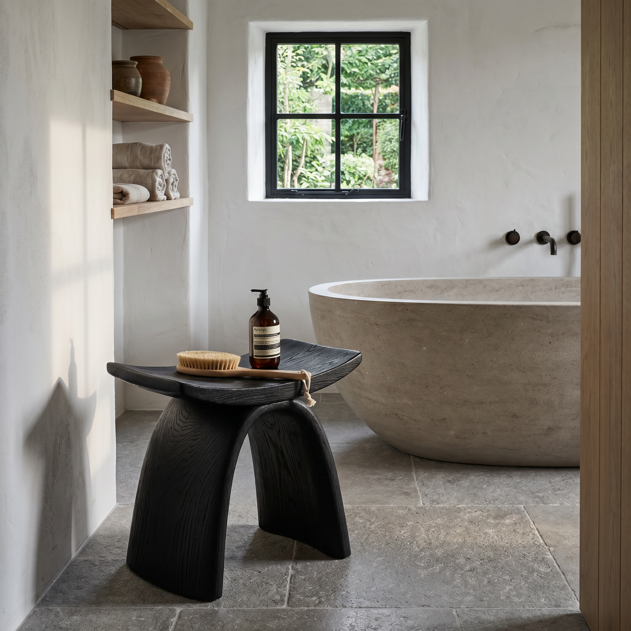 Organic Modern Shower Stool With Sculptural Wood Base For Bathroom SINLHAWS015