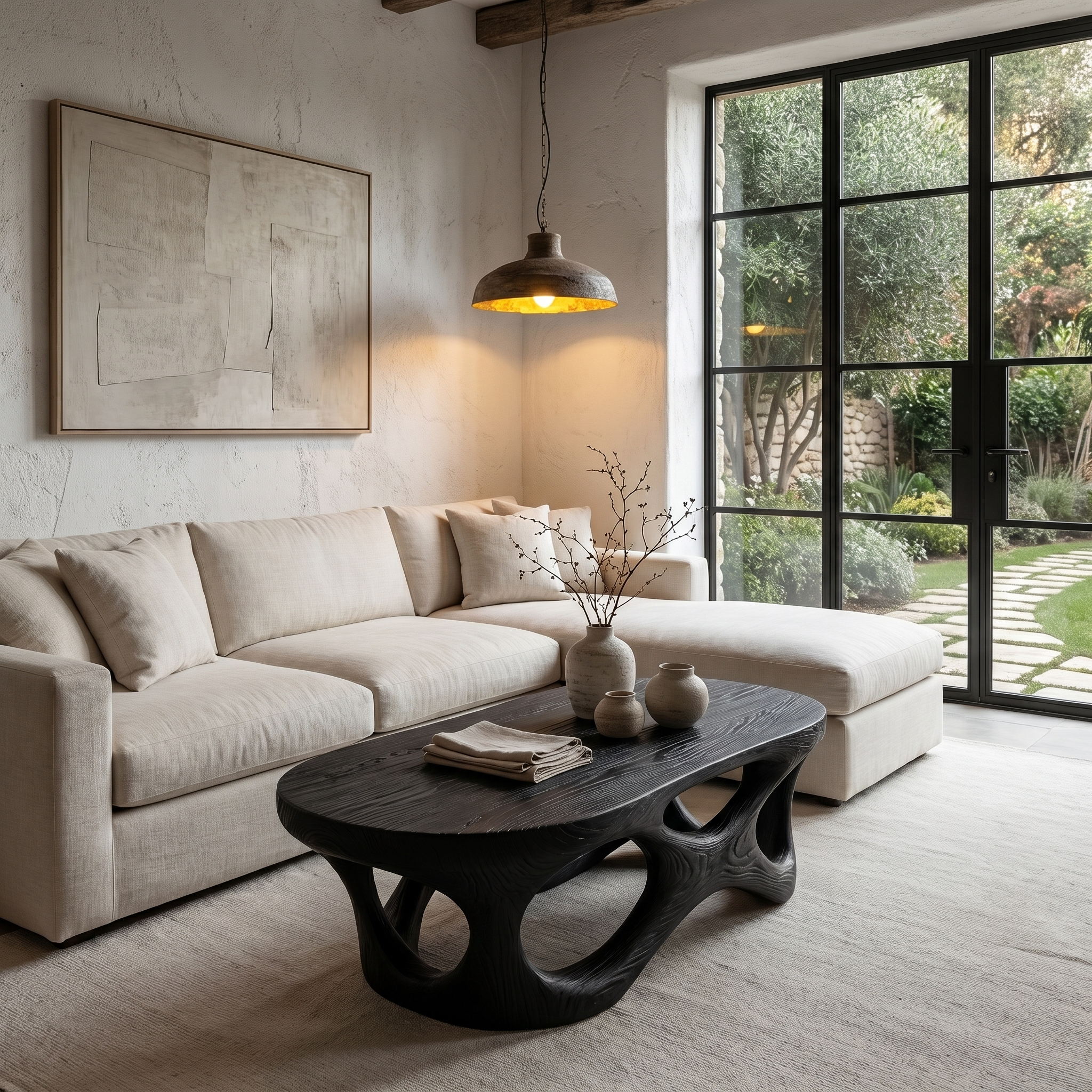 Sculptural Coffee Table With Interlocking Wood Base For Living Room SINLHACF370