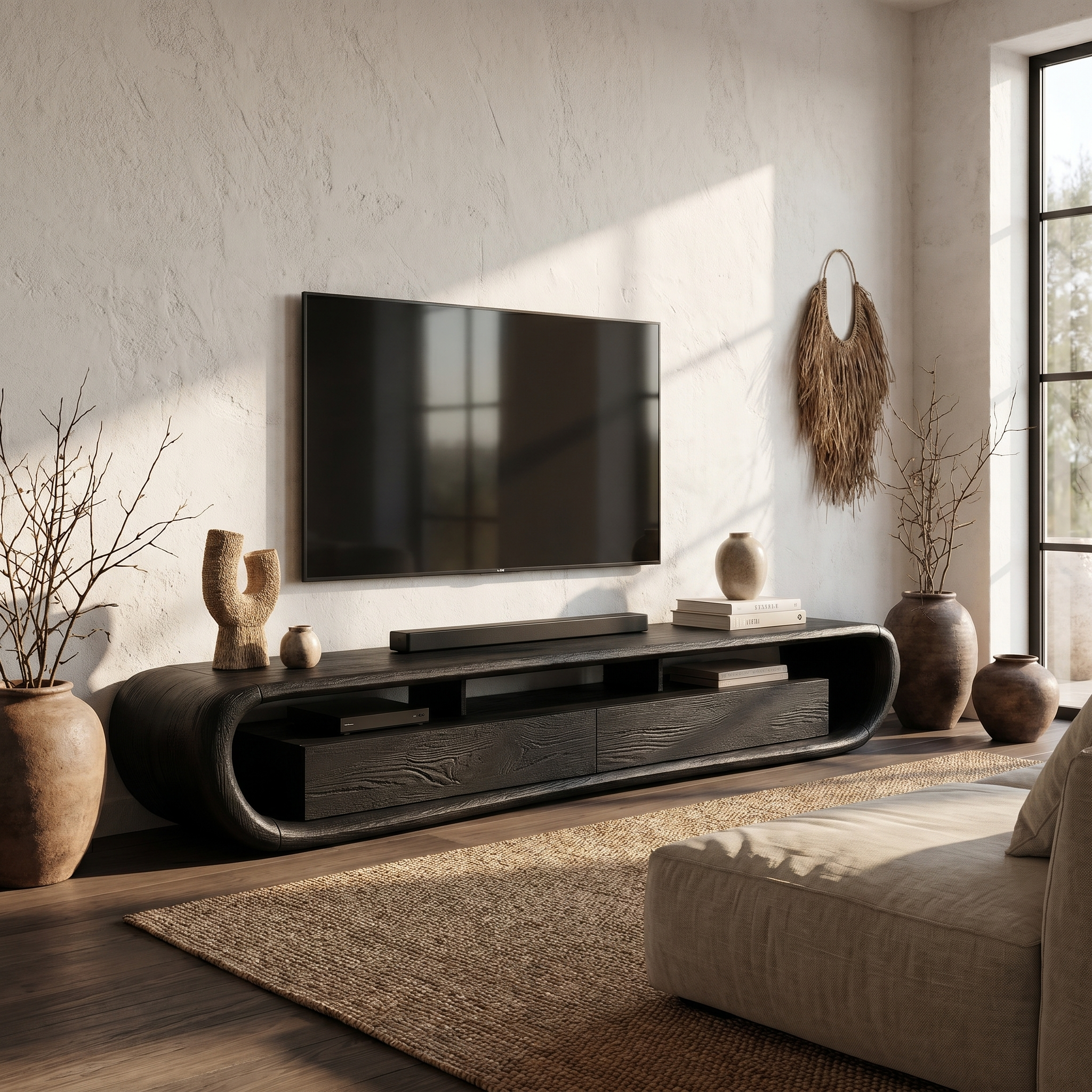 Organic TV Cabinet With Built In Storage And Rounded Curved Edges For Living Room SINLHATC037