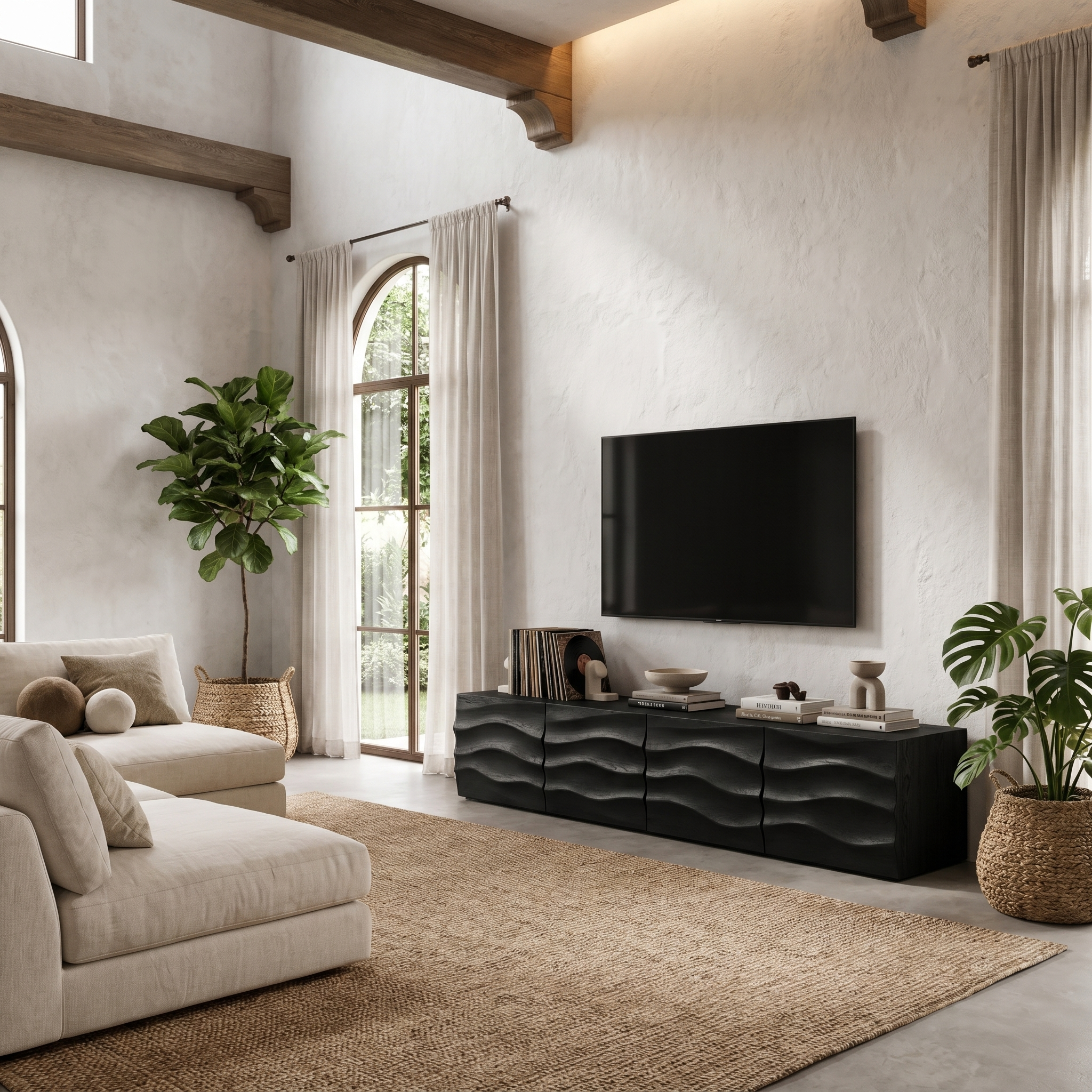Organic TV Cabinet With Wave Front Doors And Built In Storage For Living Room SINLHATC041