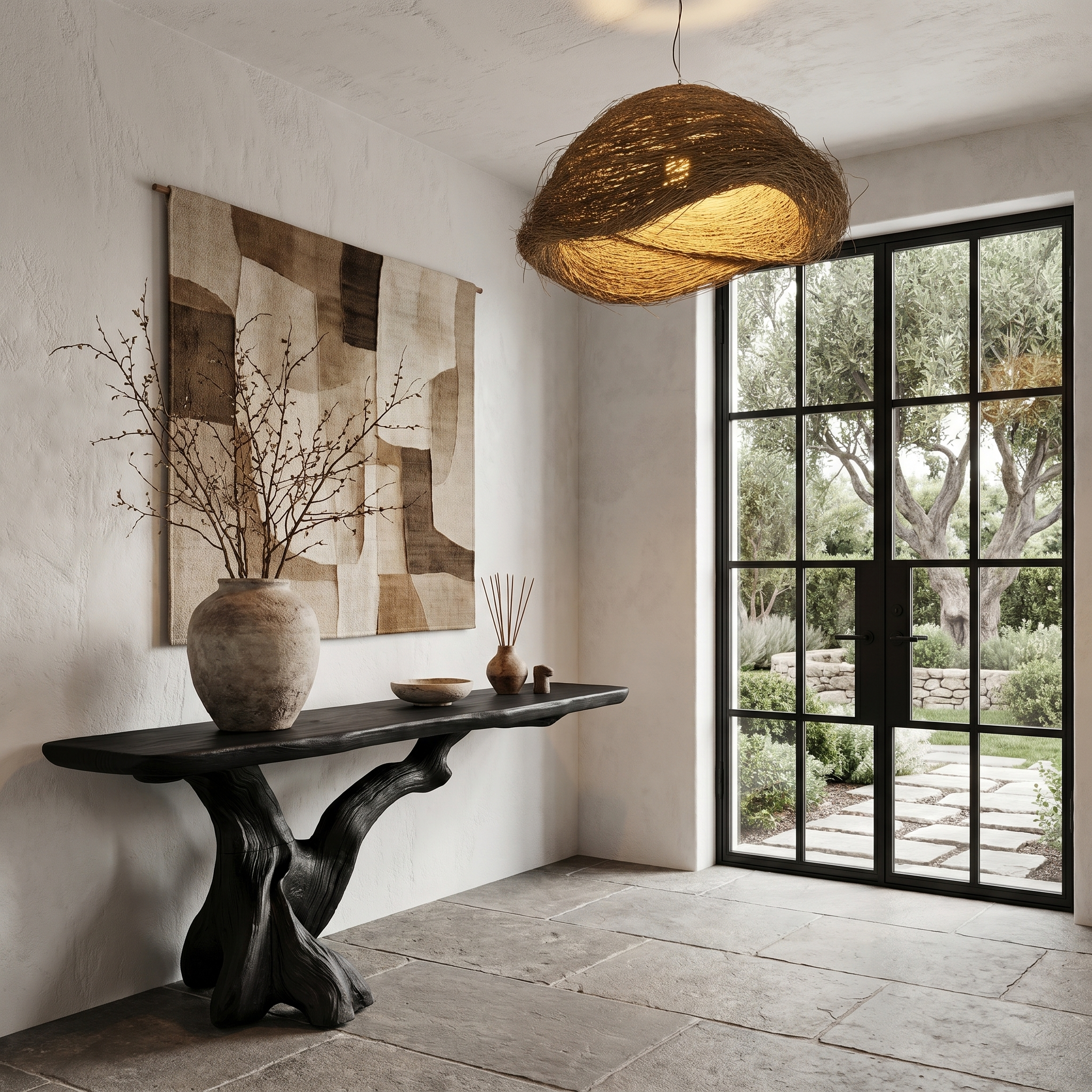 Organic Console Table With Sculptural Open Ring Wood Base For Entryway And Living Room SINLHACS610