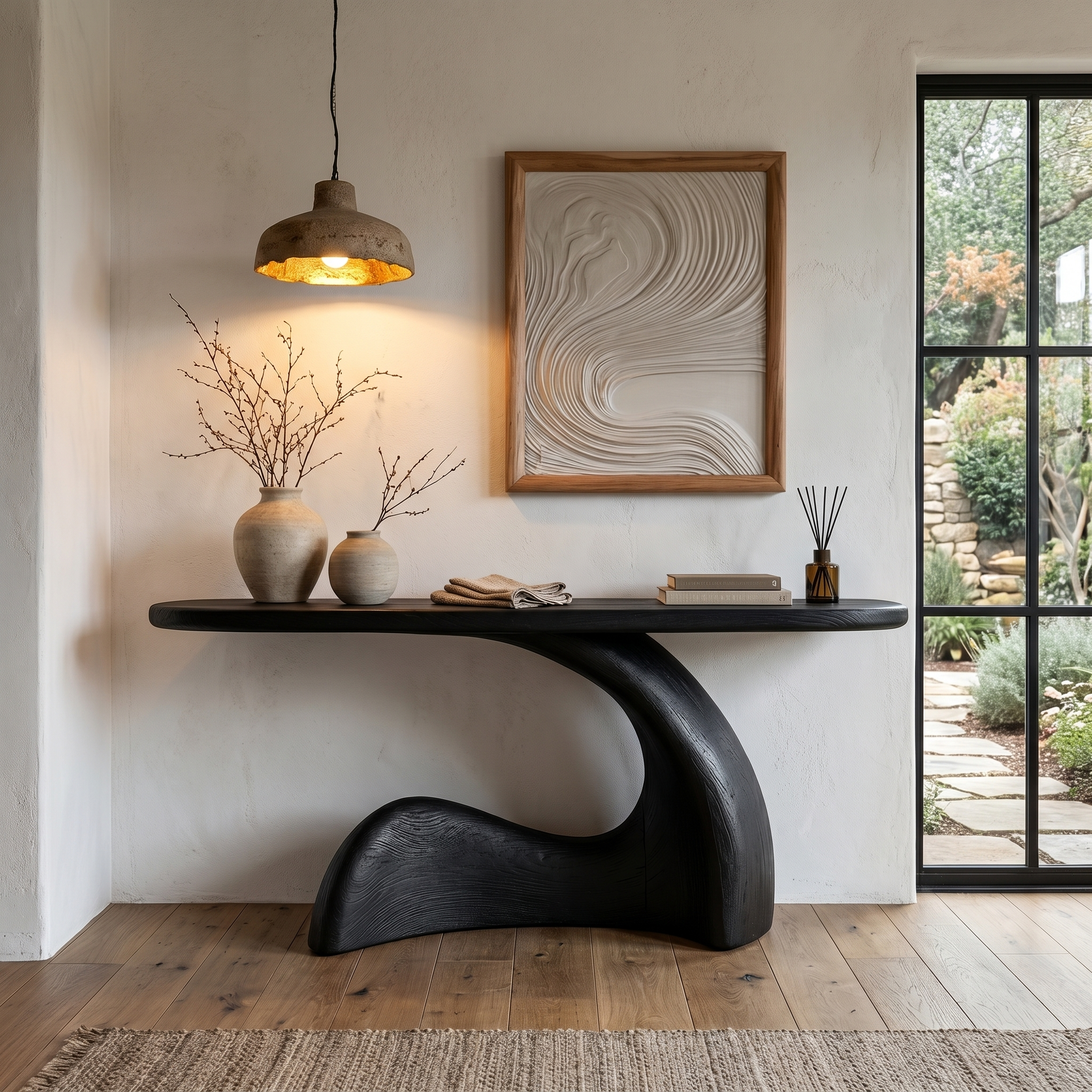 Organic Console Table With Sculptural Curved Wood Base For Entryway And Living Room SINLHACS583