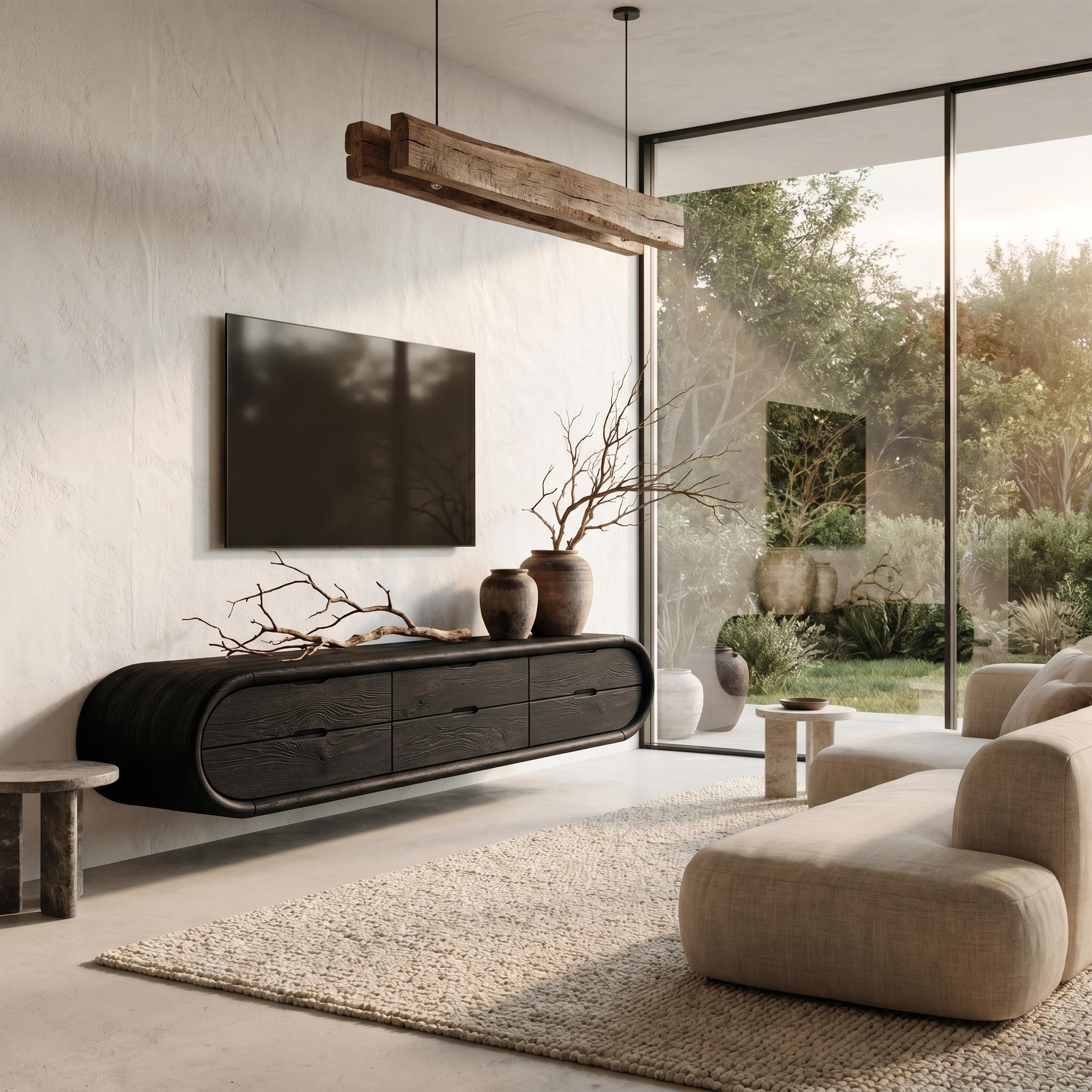 Organic Floating TV Cabinet With Sculptural Curved Wood Frame For Living Room SINLHATC052