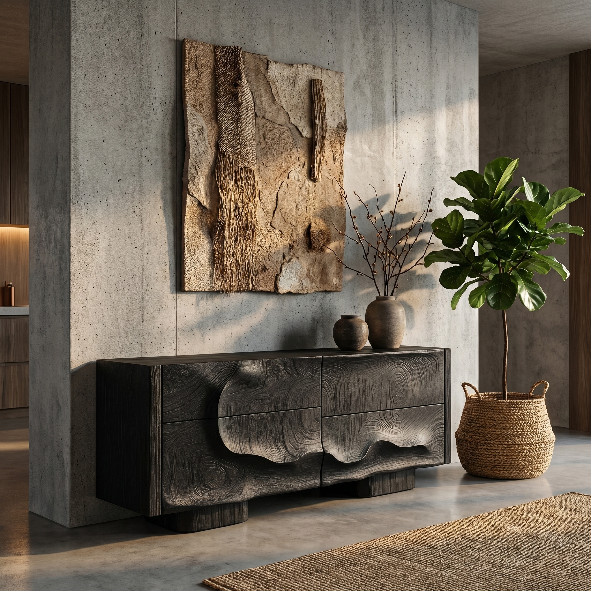 Rustic Organic Storage Cabinet With Carved Wood Doors For Living Room And Entryway SINLHASC514