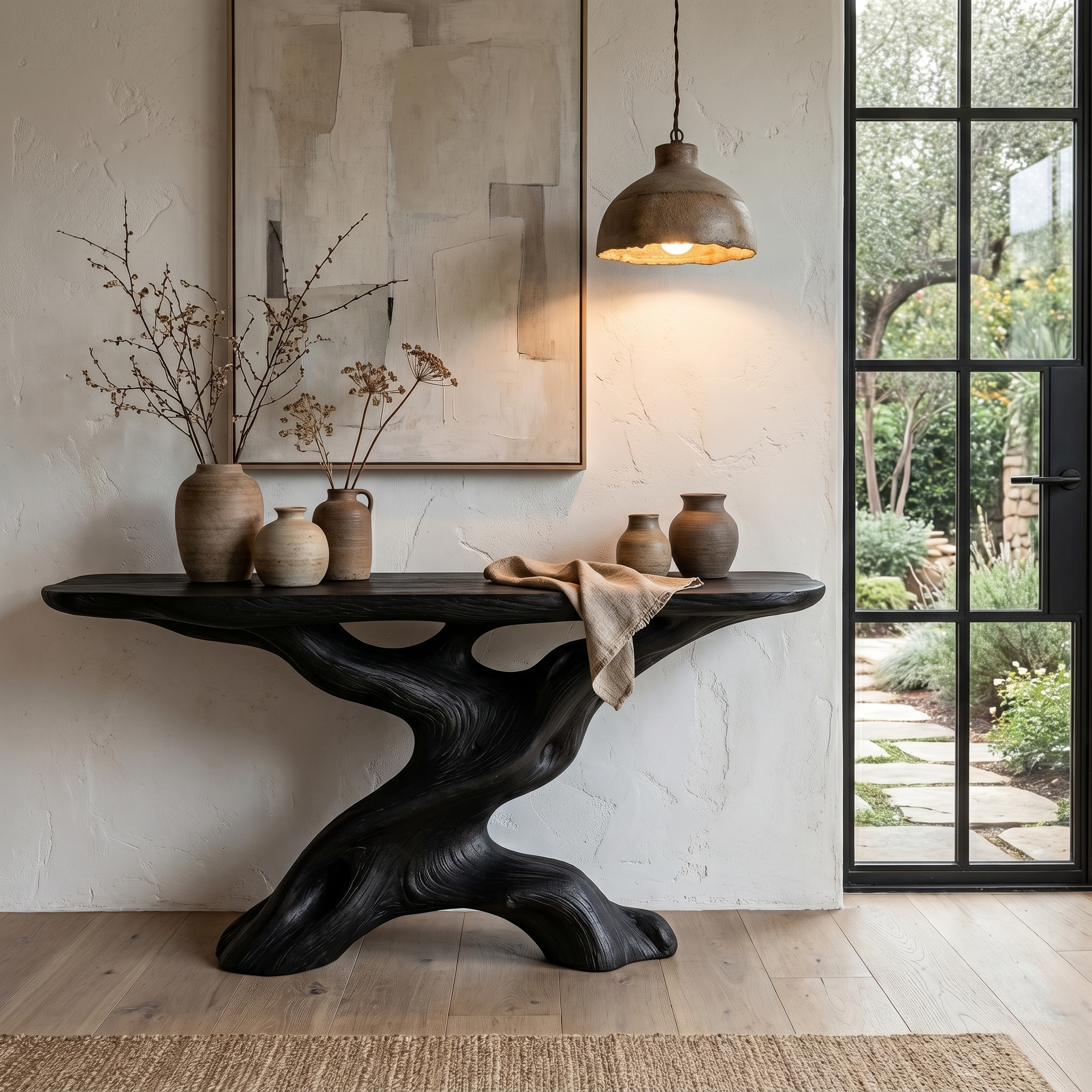 Live Edge Console Table With Unique Sculptural Base Design For Living Room SINLHACS586