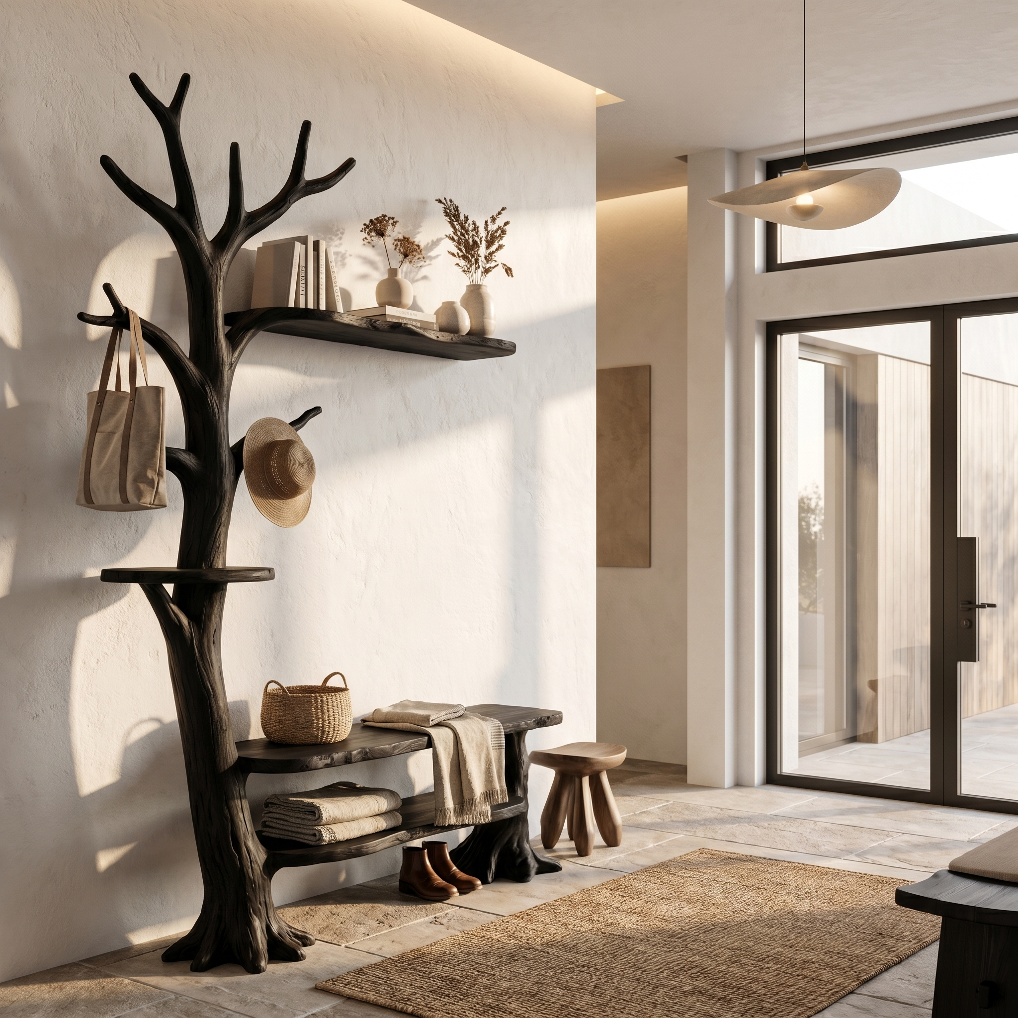 Rustic Tree Coat Rack With Integrated Bench And Floating Display Shelves For Entryway SINLHATCR118