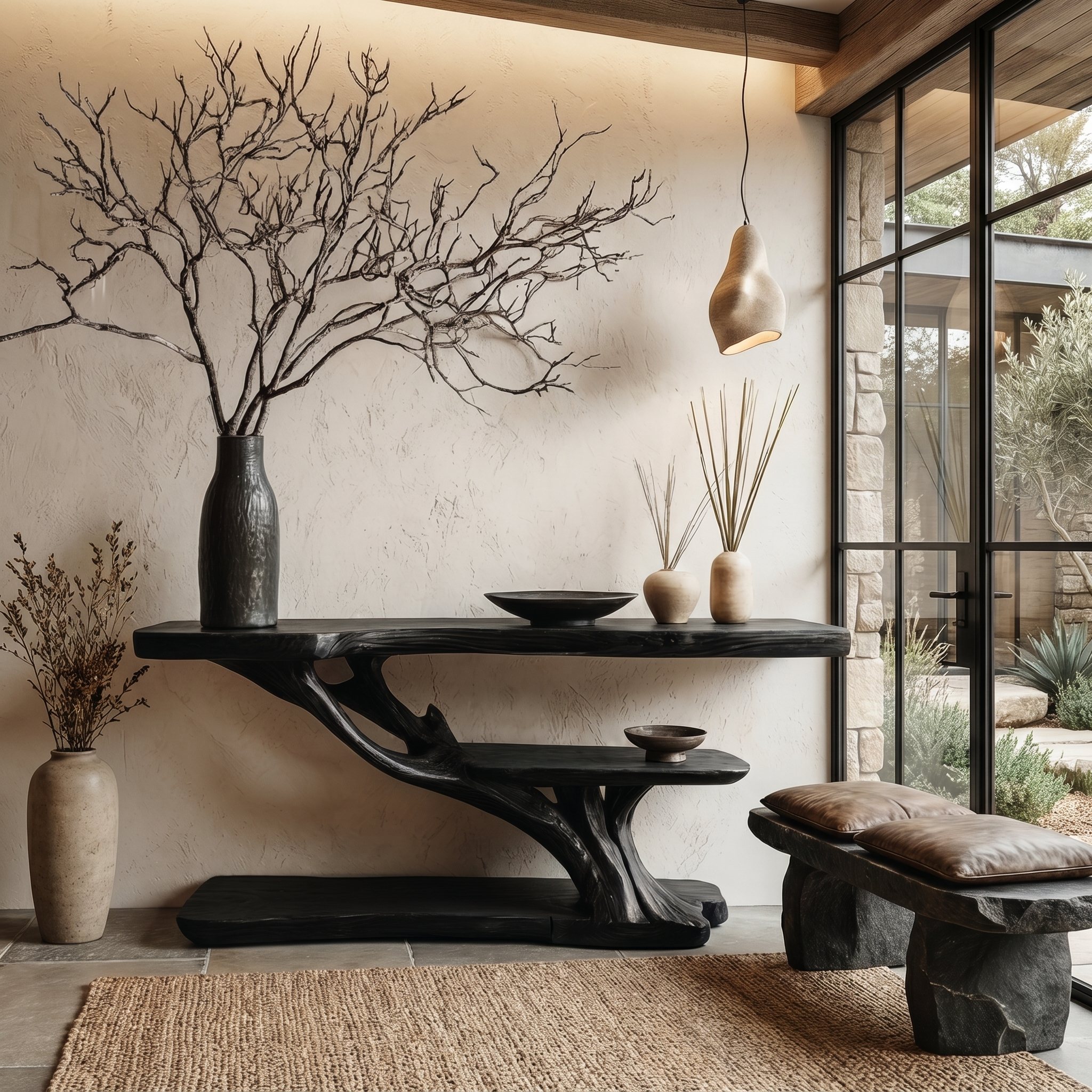 Organic Sculptural Console Table With Handcrafted Wood Base For Hallway SINLHACS618