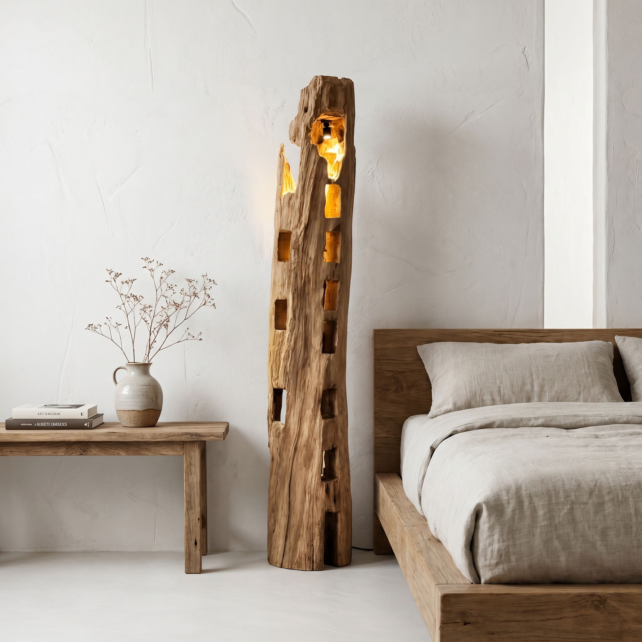Rustic Wooden Floor Lamp With Natural Hollow Log Design For Living Room And Bedroom SINLHAFLP086