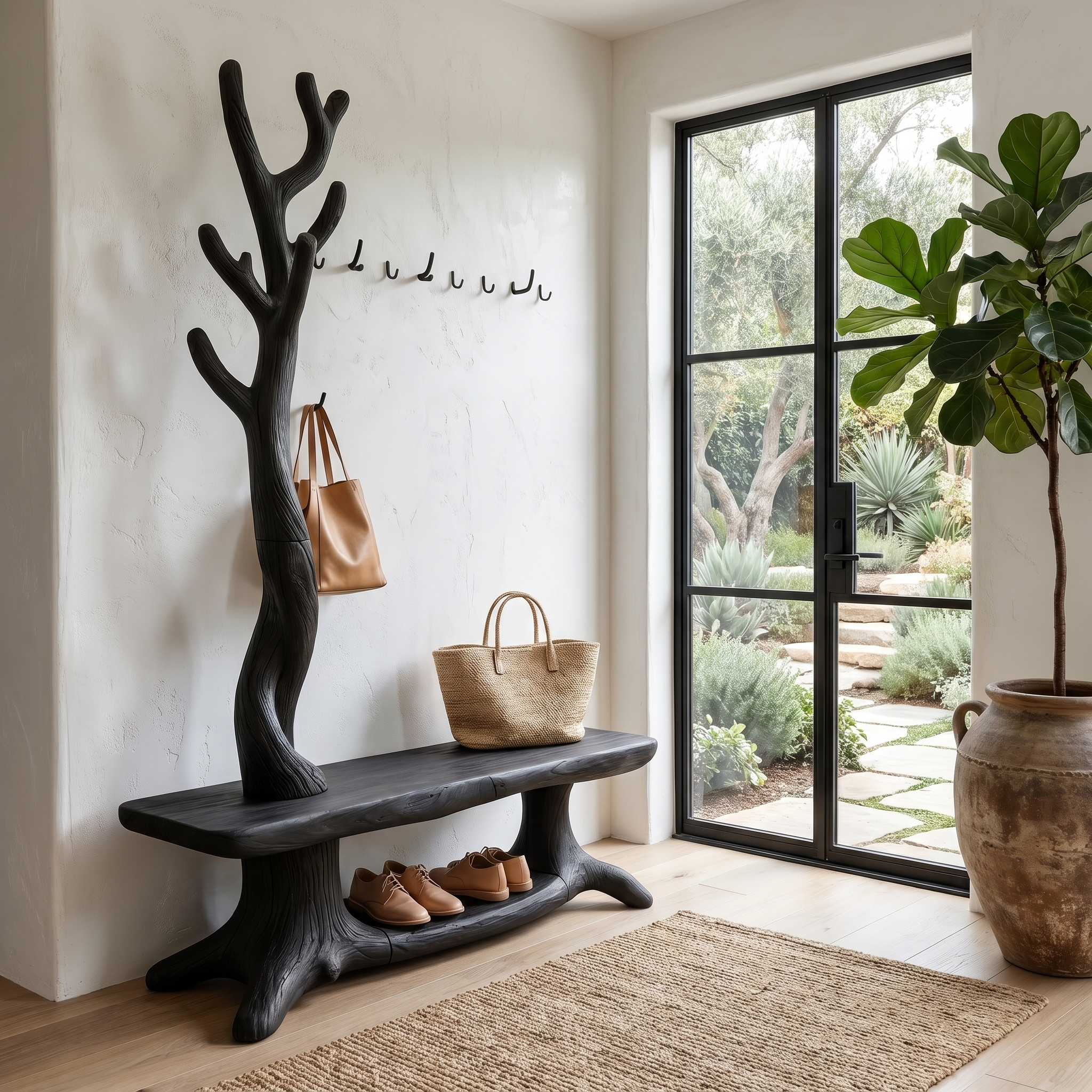 Rustic Shoe Storage Bench With Branch Coat Rack For Entryway SINLHASB091