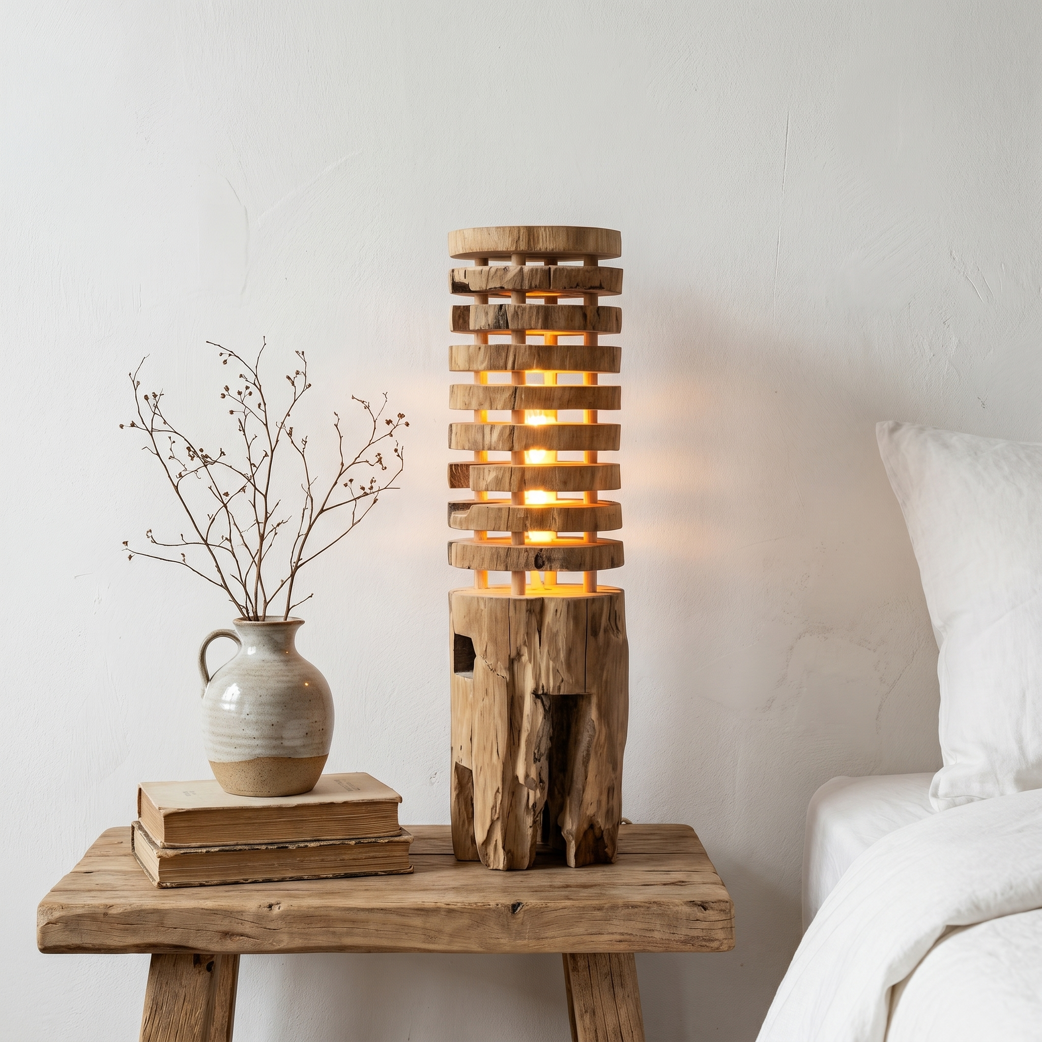 Rustic Log Floor Lamp With Sculptural Wooden Base For Living Room And Bedroom SINLHAFLP087
