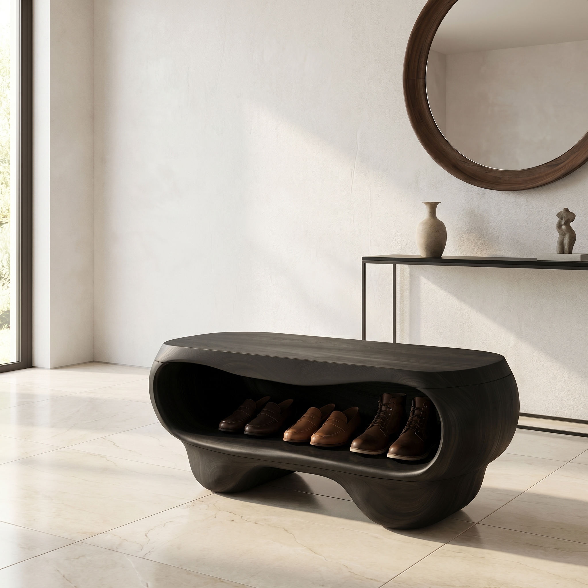 Organic Shoe Bench With Rounded Storage Shelves For Entryway SINLHASB094