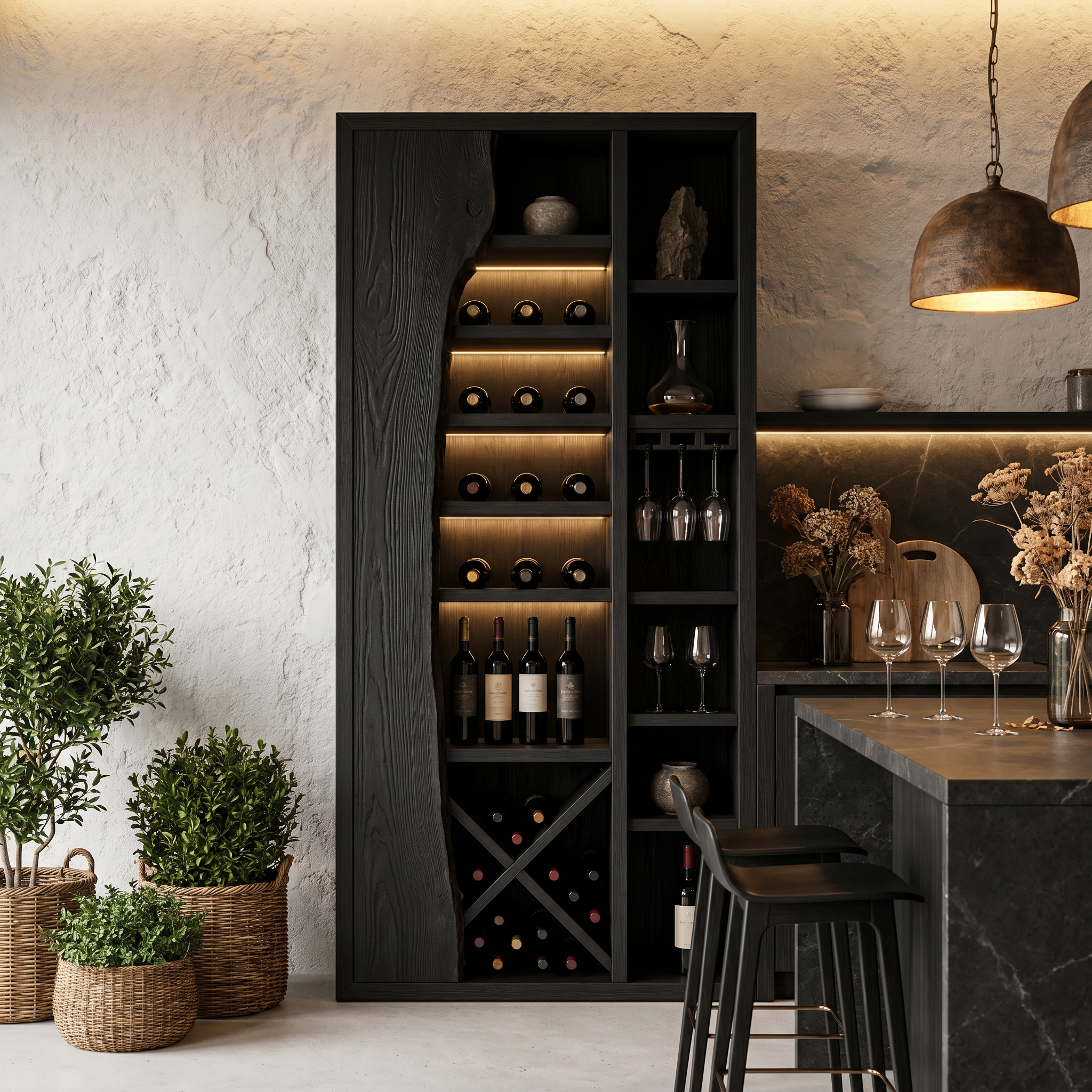 Rustic Wine Cabinet With Live Edge Wood Inlay And Built In Bottle Storage For Dining Room SINLHAWR033