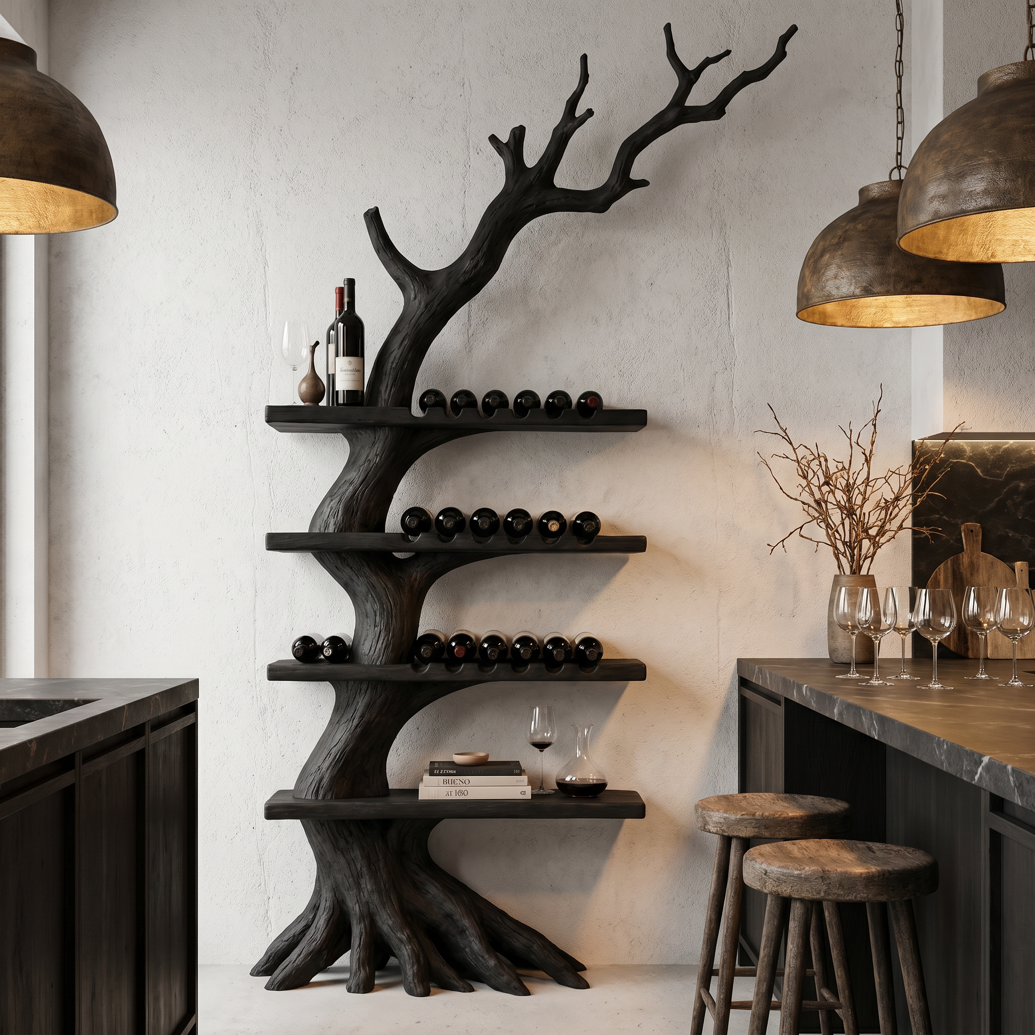 Rustic Tree Wine Rack With Solid Wood Shelves And Branch Inspired Wall Mounted Design For Dining Room SINLHAWR034