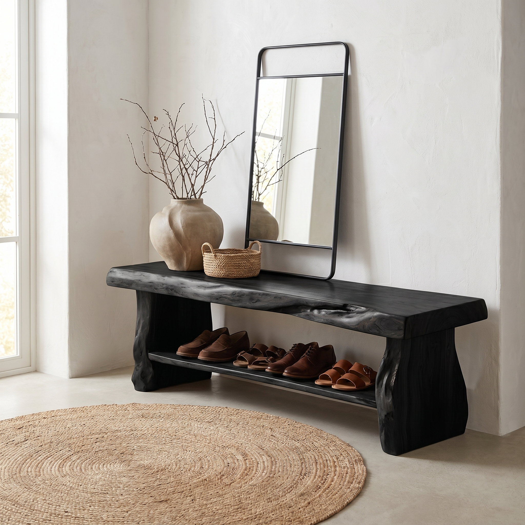 Rustic Shoe Bench Natural Wood Storage For Entryway SINLHASB096