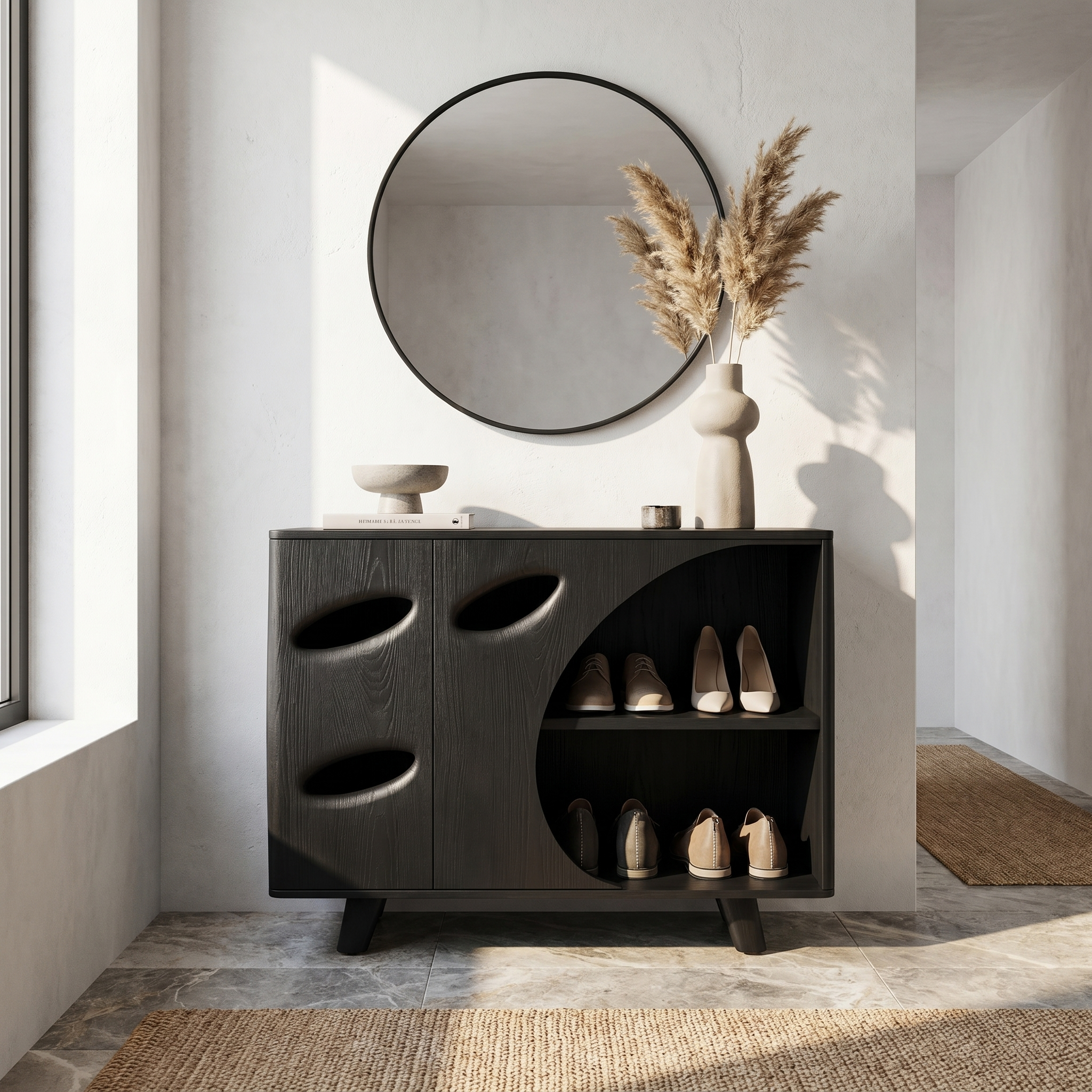 Mid Century Shoe Cabinet Organic Cutout Design For Entryway SINLHASB097