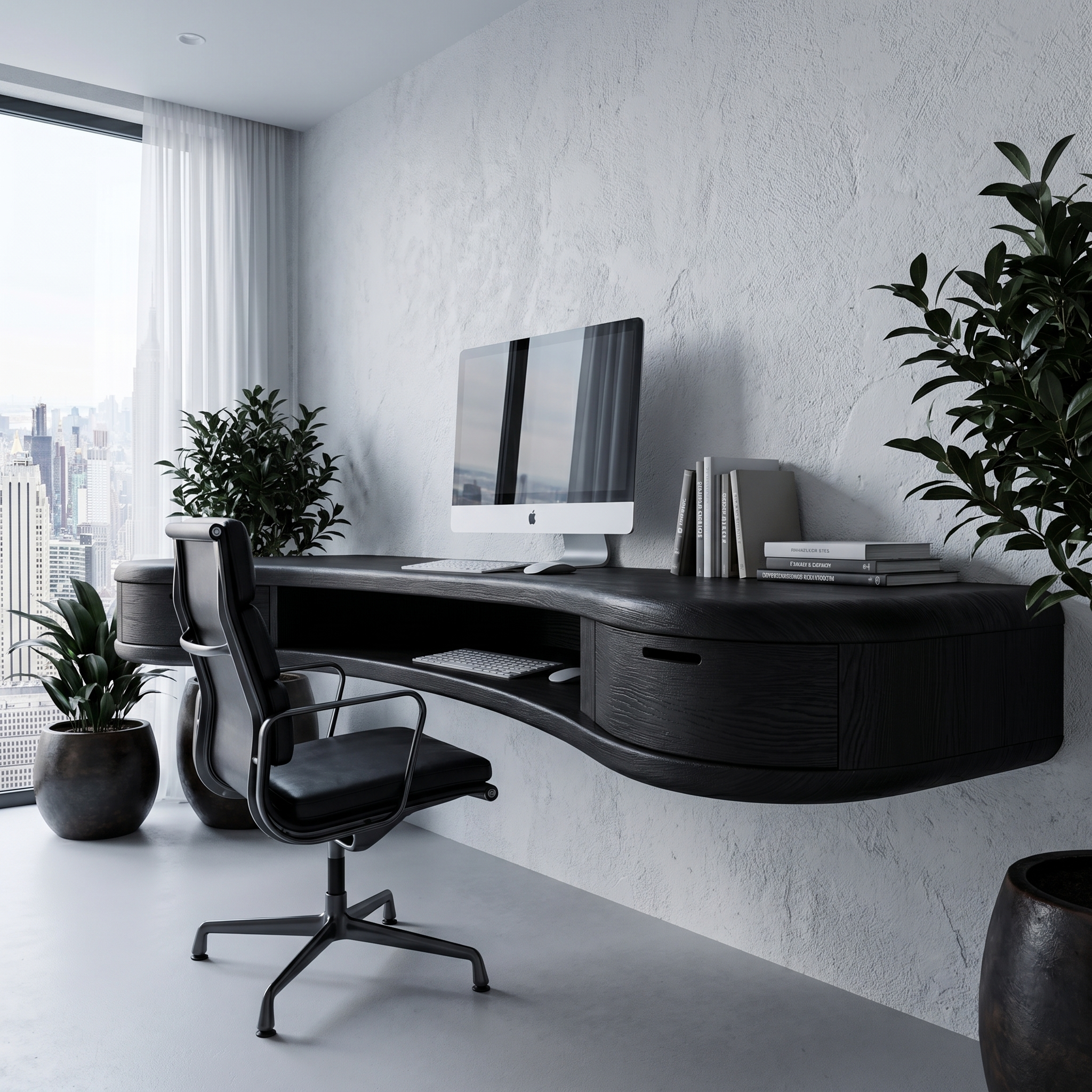 Modern Floating Desk With Built In Drawer Storage And Curved Wood Design For Home Office And Workspace SINLHADK121