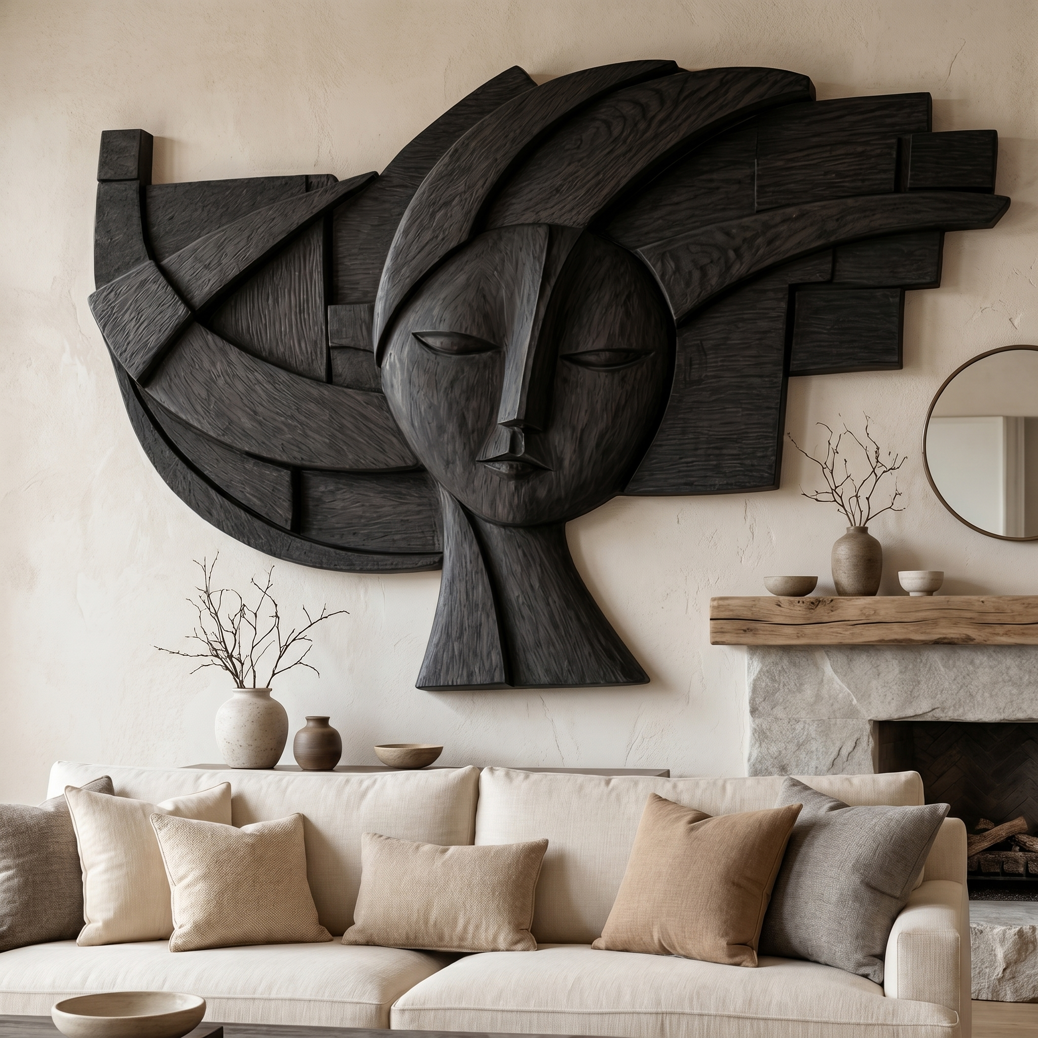Abstract Tribal Face Wooden Wall Decor For Living Room SINLHAWD073