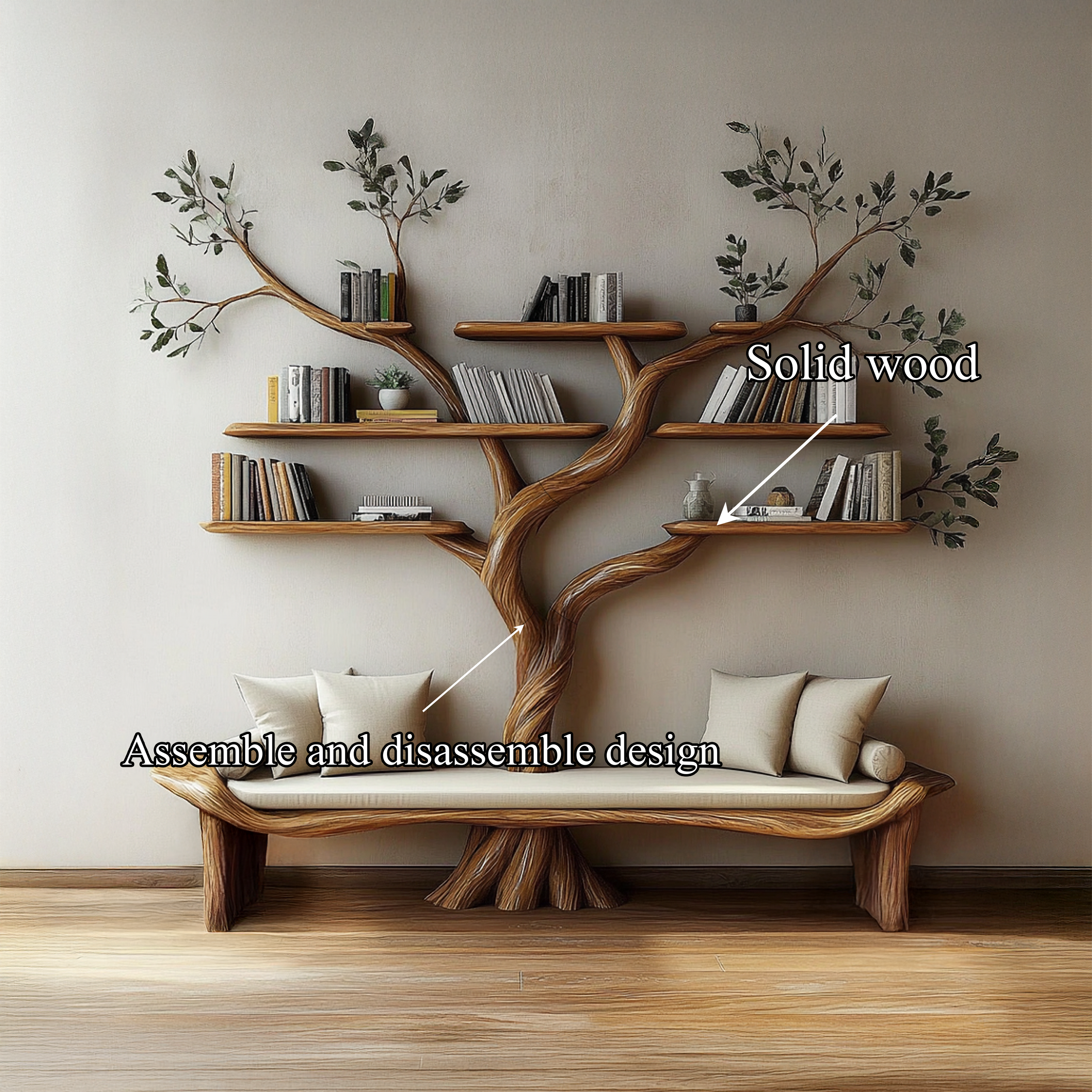 Rustic Sculptural Tree Bookshelf Bench Living Room Interior Statement Furniture SINLSATB644